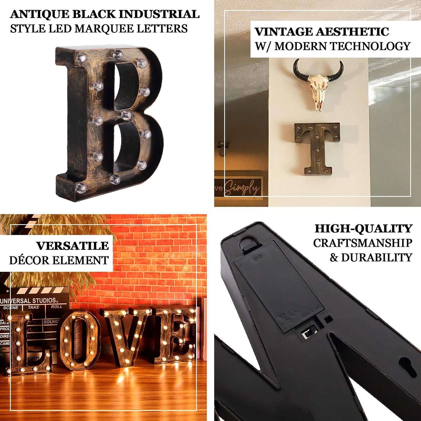 LED Marquee Letter "O" Industrial Style Antique Black - Light-Up Alphabet Sign for Weddings & Displays 9"