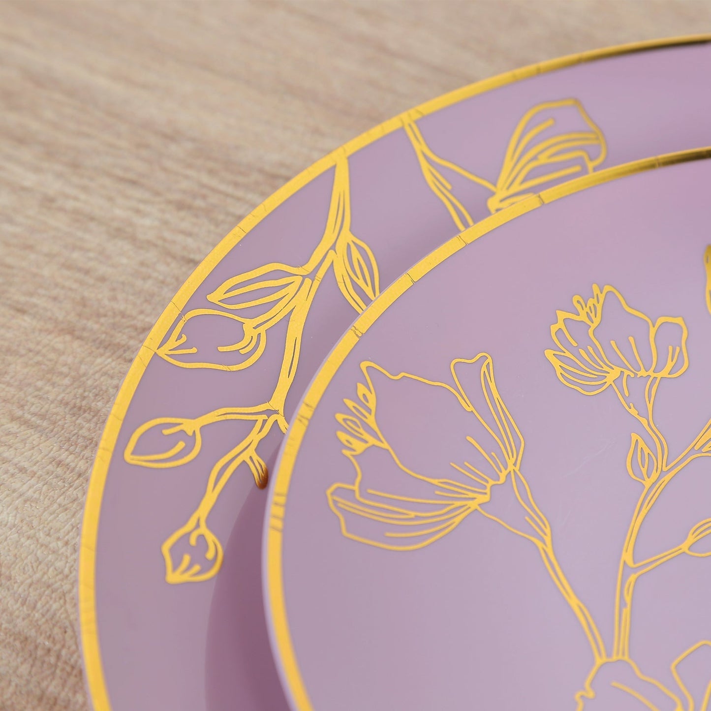 Set of 20 Plastic Round Dinner and Dessert Plates in Lavender Lilac with Metallic Gold Floral Design - Stylish Disposable Dinnerware 8", 10"