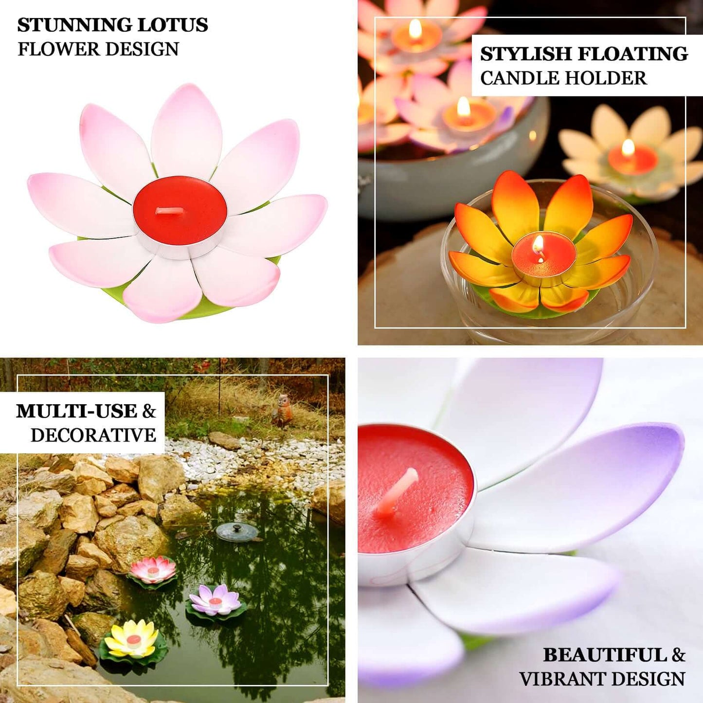 10-Pack Floating Candle Lights Water Lily Lotus Flower Design Colorful - Assorted Tealight Lanterns 5"