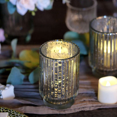 3-Pack Mercury Glass Hurricane Candle Holders Silver Wavy Column Design - Votive Pillar Vase 5"
