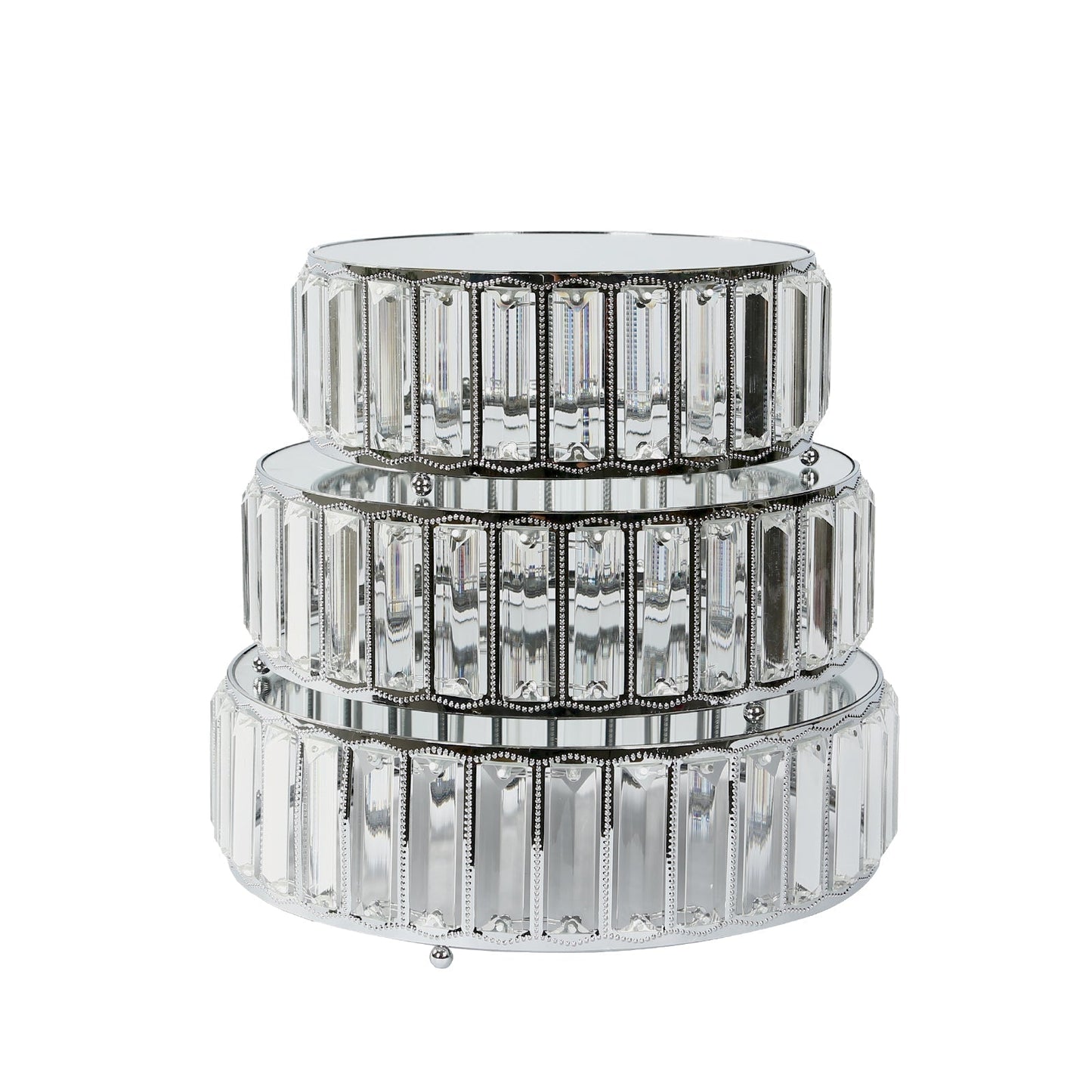 Set of 3 Silver Metal Crystal Pendant Cake Stands with Mirror Top, Stackable Round Dessert Display Trays - 9",11",12"