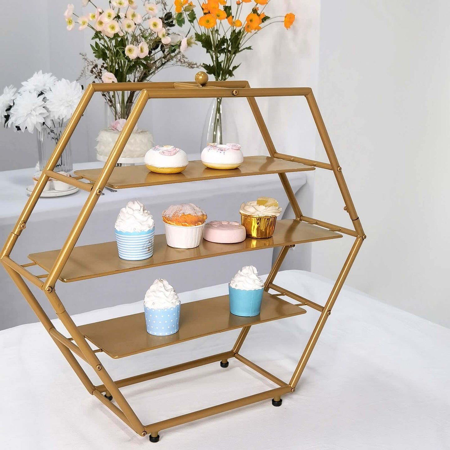 3-Tier Metal Hexagon Cupcake Stand Matte Gold - Stylish Geometric Dessert Holder Appetizer Display for Modern Weddings Dessert Buffets & Celebrations 21"