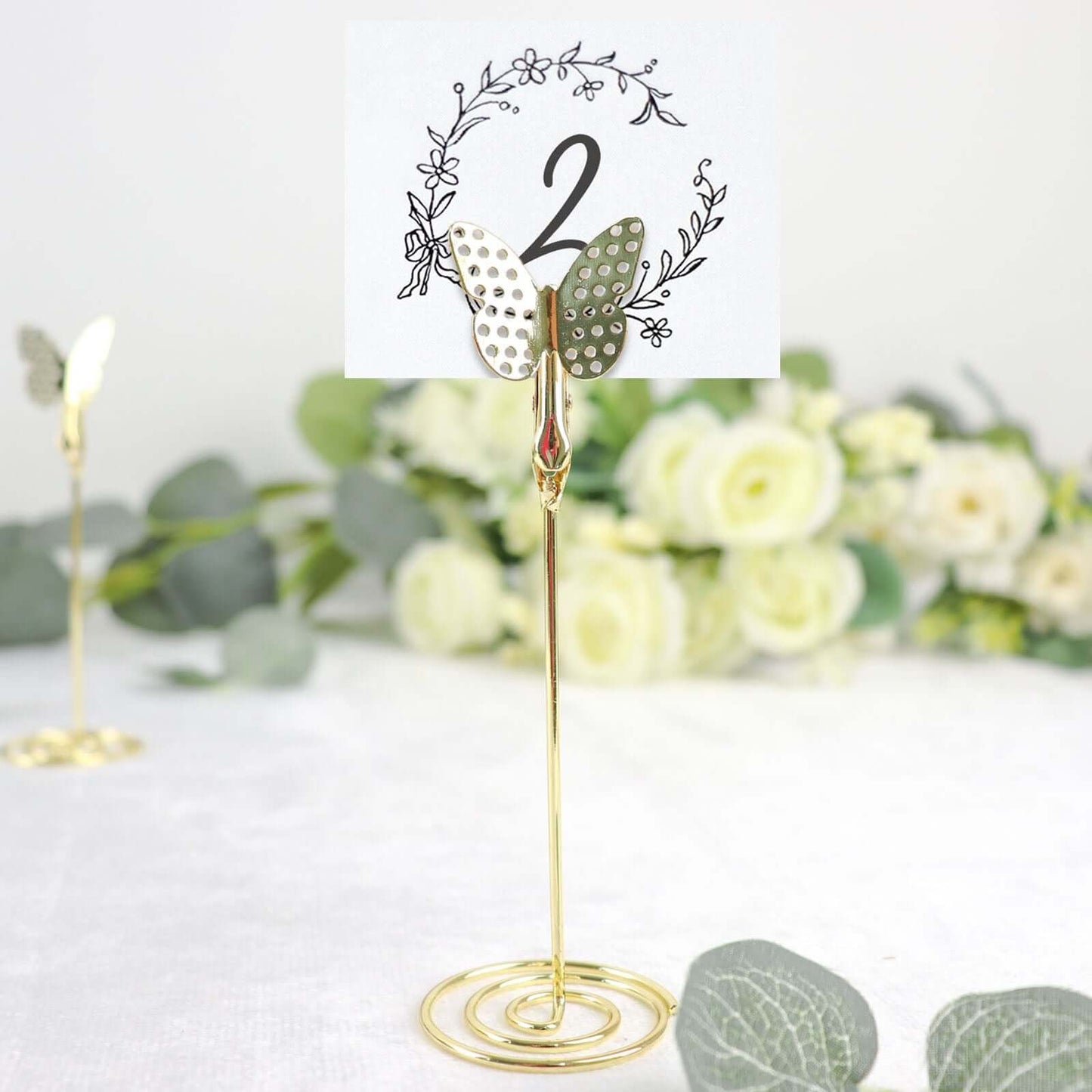 5-Pack Metal Place Card Holders Gold - Modern Table Number Stands with Whimsical Butterfly Clips & Spiral Base for Signs Memos Photos Menus 5"