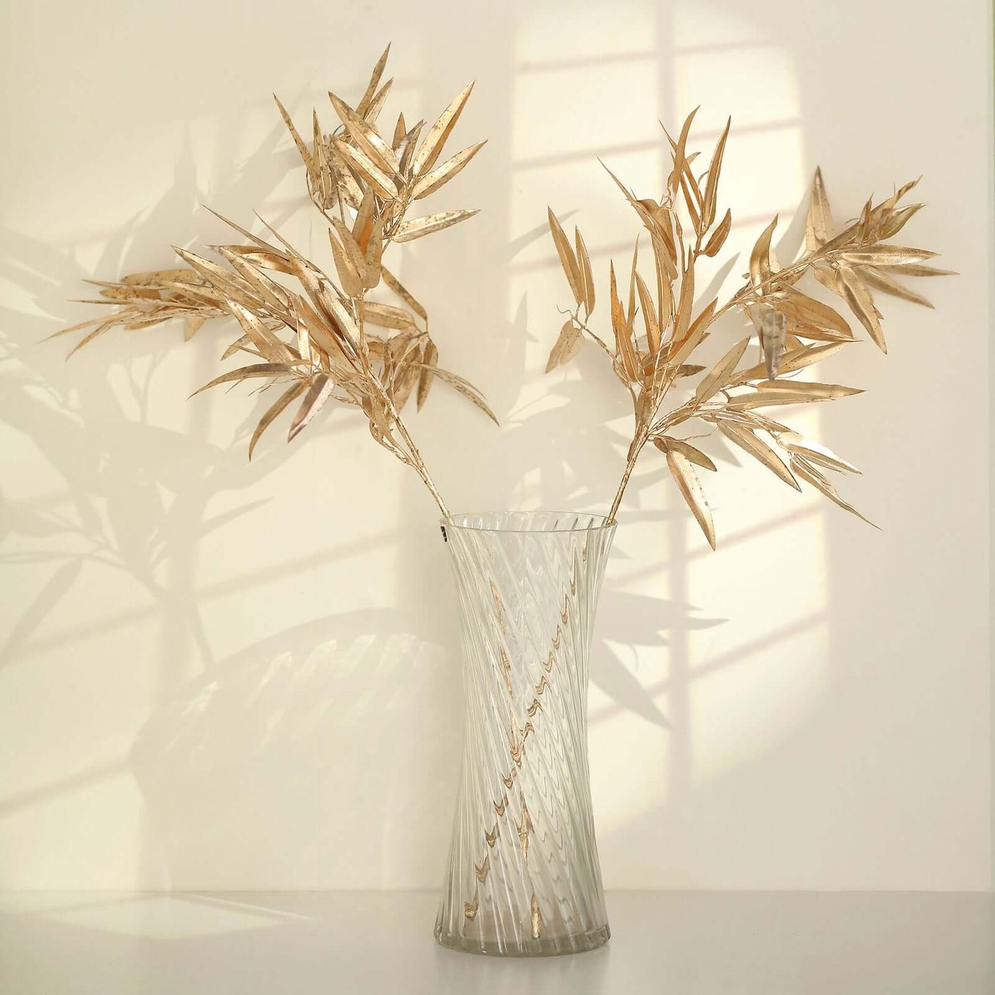 2-Pack Artificial Metallic Bamboo Leaf Branches Gold - Shiny Faux Plant Stems Vase Filler Floral Arrangement Centerpiece Decor 33"