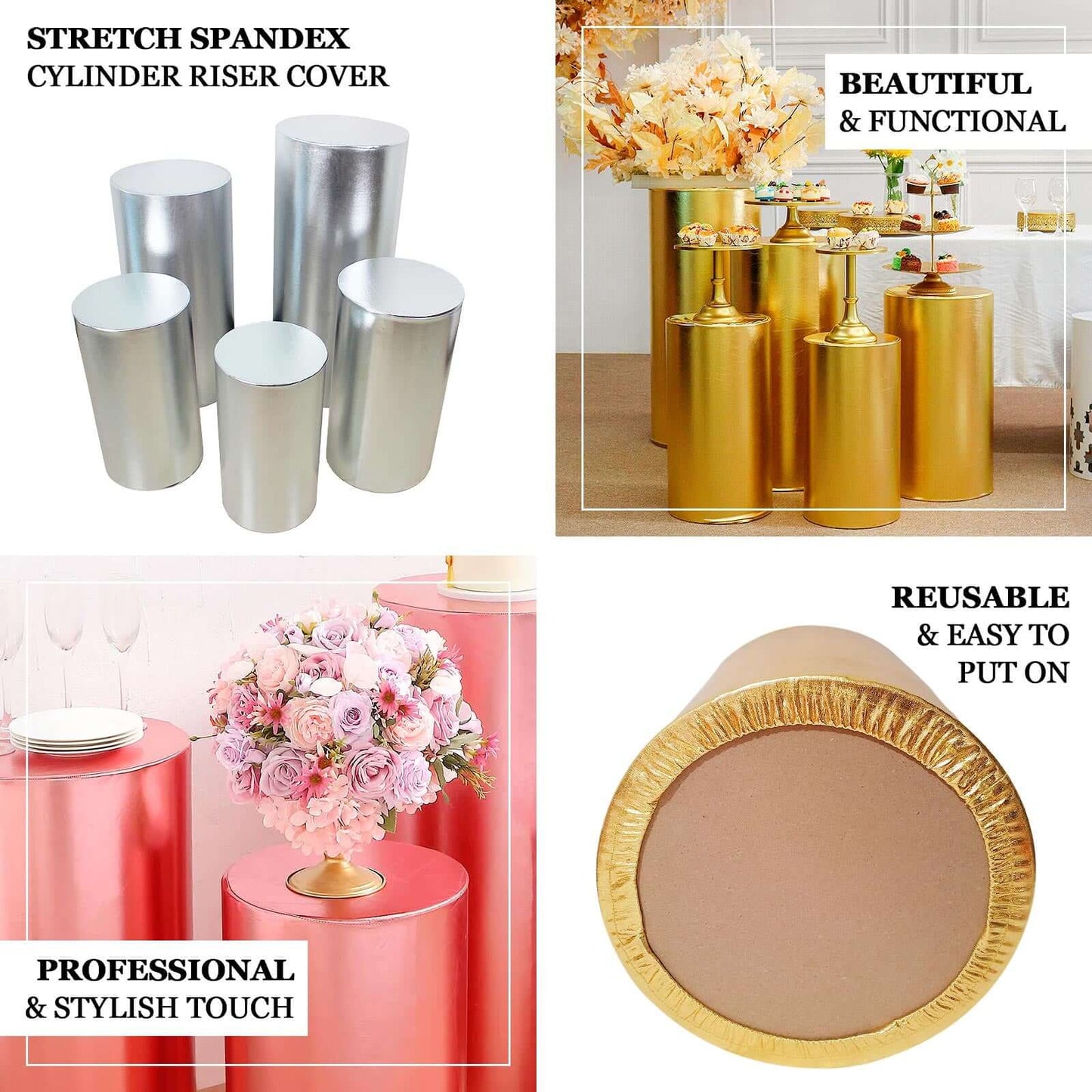 Set of 5 Metallic Rose Gold Spandex Cylinder Pedestal Stand Covers, Shiny Stretchable Pillar Prop Covers - 130 GSM