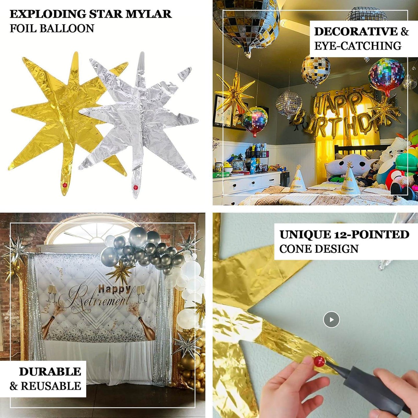 5 Pack Metallic Silver 14-Point Starburst Mylar Foil Balloons, 22" Fireworks Star Explosion Party Balloons