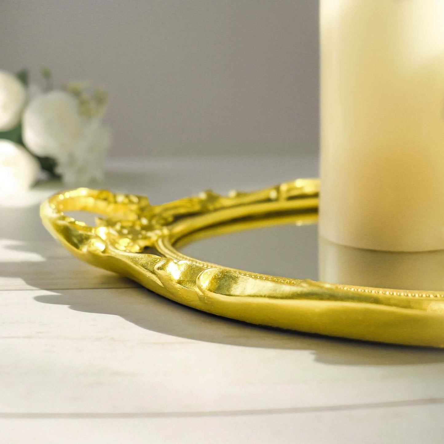 Resin Mirrored Vanity Oval Serving Tray 14"x10" in Black with Metallic Gold Baroque Design, Stylish Decorative Vanity Tray Centerpiece