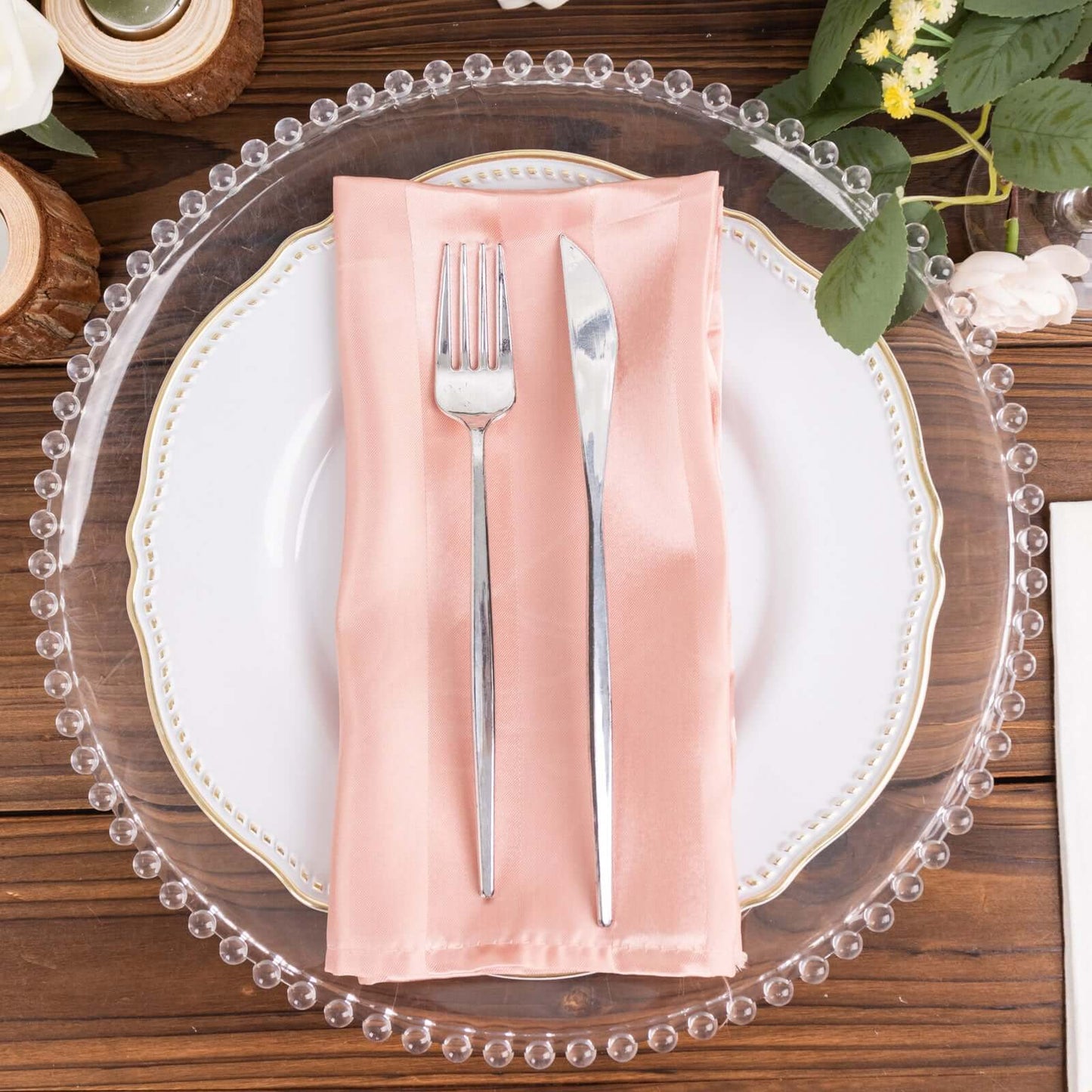 5 Pack Satin 20"x20" Napkins Dusty Rose Glossy Stripes - Durable & Wrinkle-Free Cloth Napkins