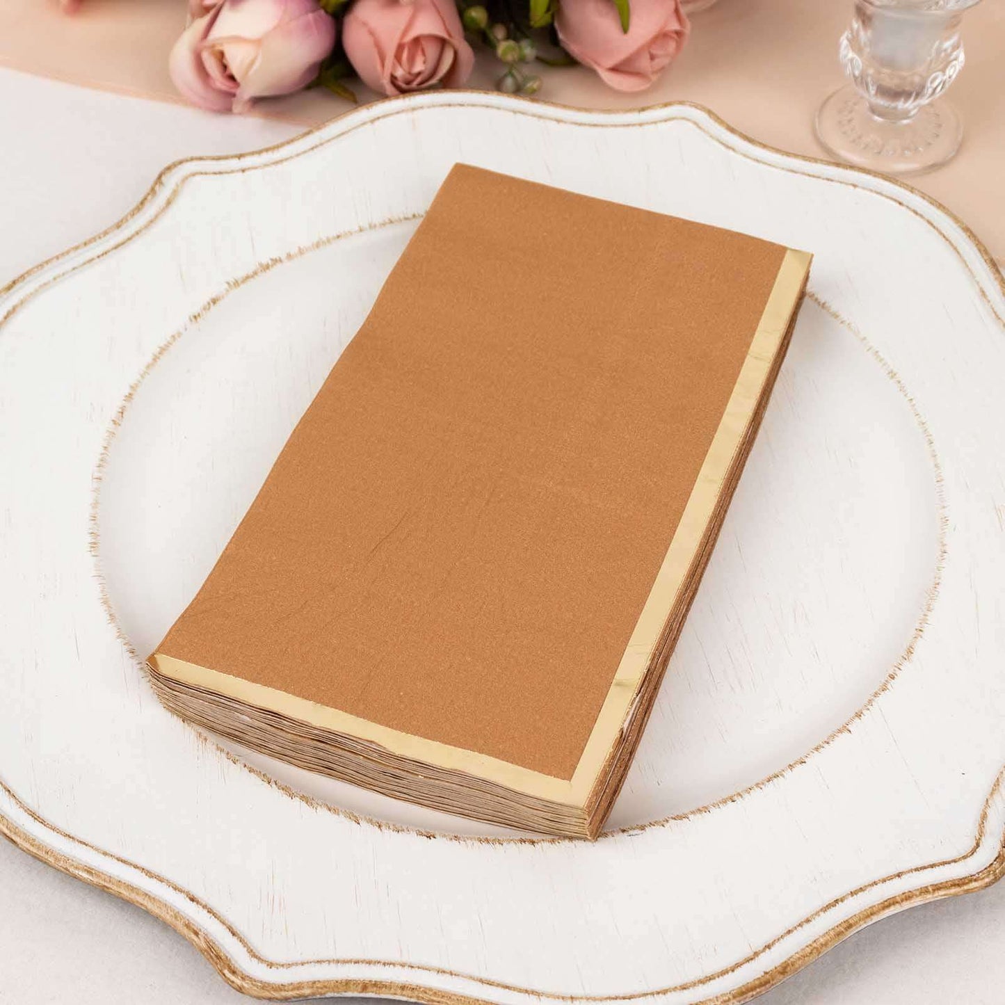 50-Pack Paper Dinner Napkins Terracotta with Gold Foil Edge 2 Ply - Stylish Disposable Napkins