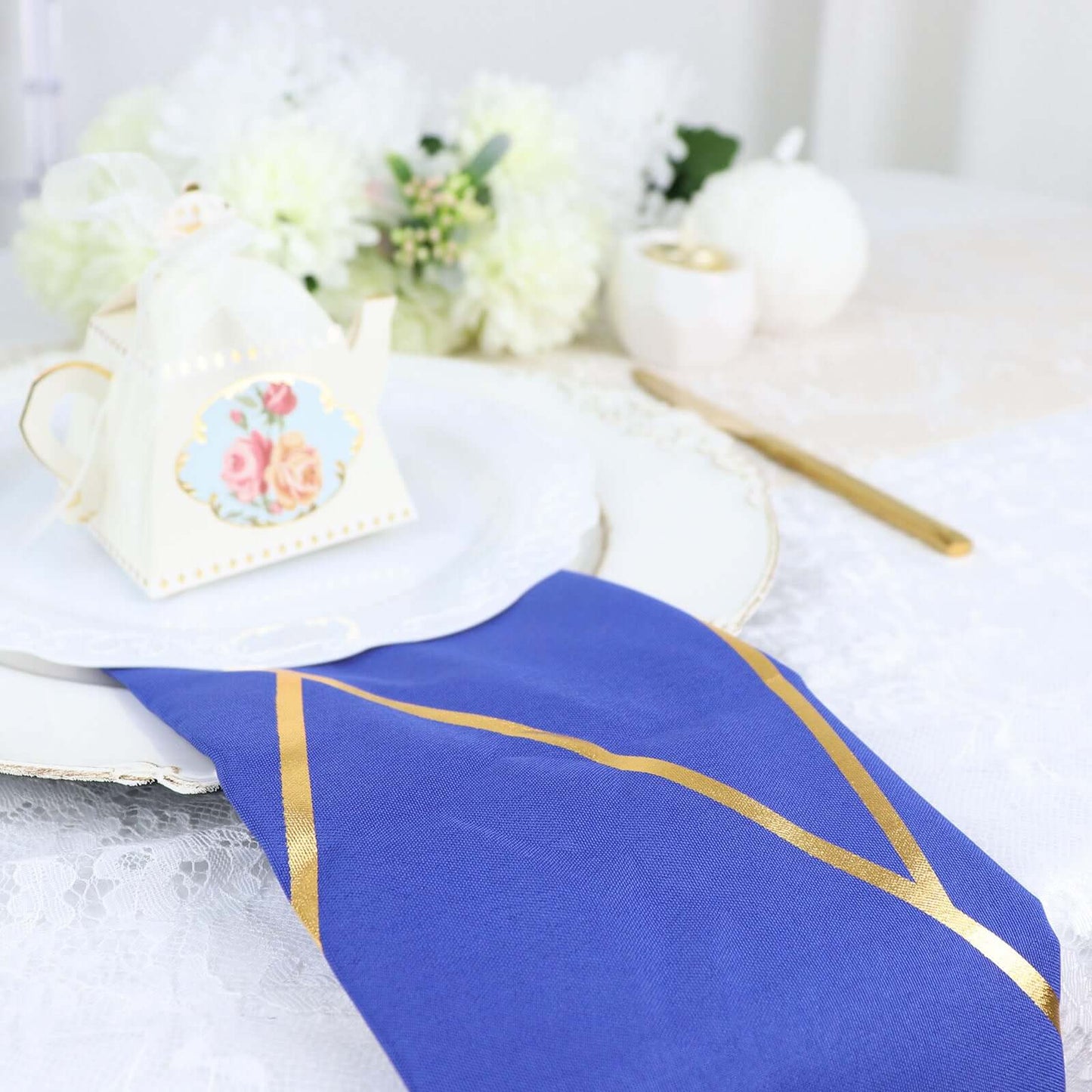 5 Pack Polyester 20"x20" Napkins Royal Blue with Gold Geometric Foil Pattern - Modern Reusable Dinner Napkins