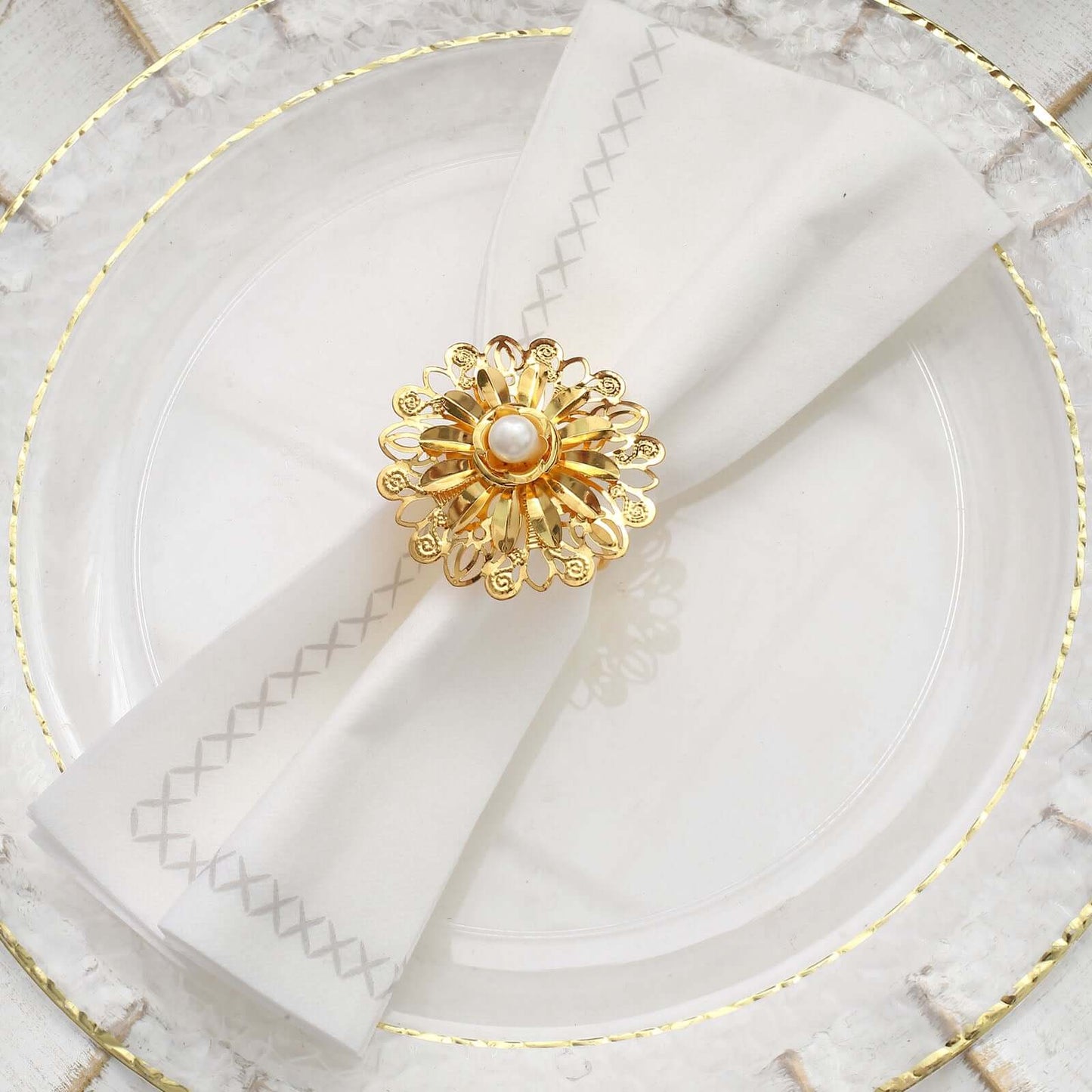 4 Pack 2" Elegant Gold Metal Pearl Floral Serviette Napkin Rings, Daffodil Flower Buckle Napkin Holders