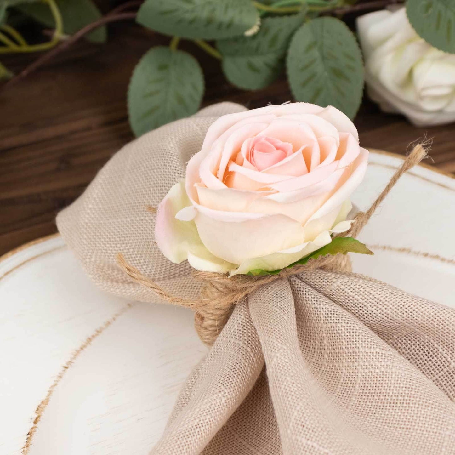 4 Pack Blush Artificial Rose Flower Wooden Napkin Holders, Farmhouse Country Floral Napkin Rings - 4"