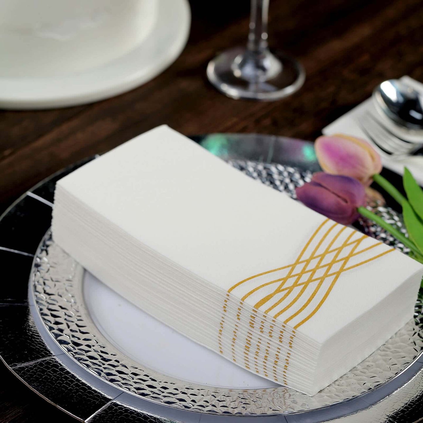 25 Pack Linen-Like Paper 8"x4" Napkins White with Metallic Gold Foil Wave Design - Soft & Absorbent Airlaid Hand Towels for Exquisite Weddings & Events