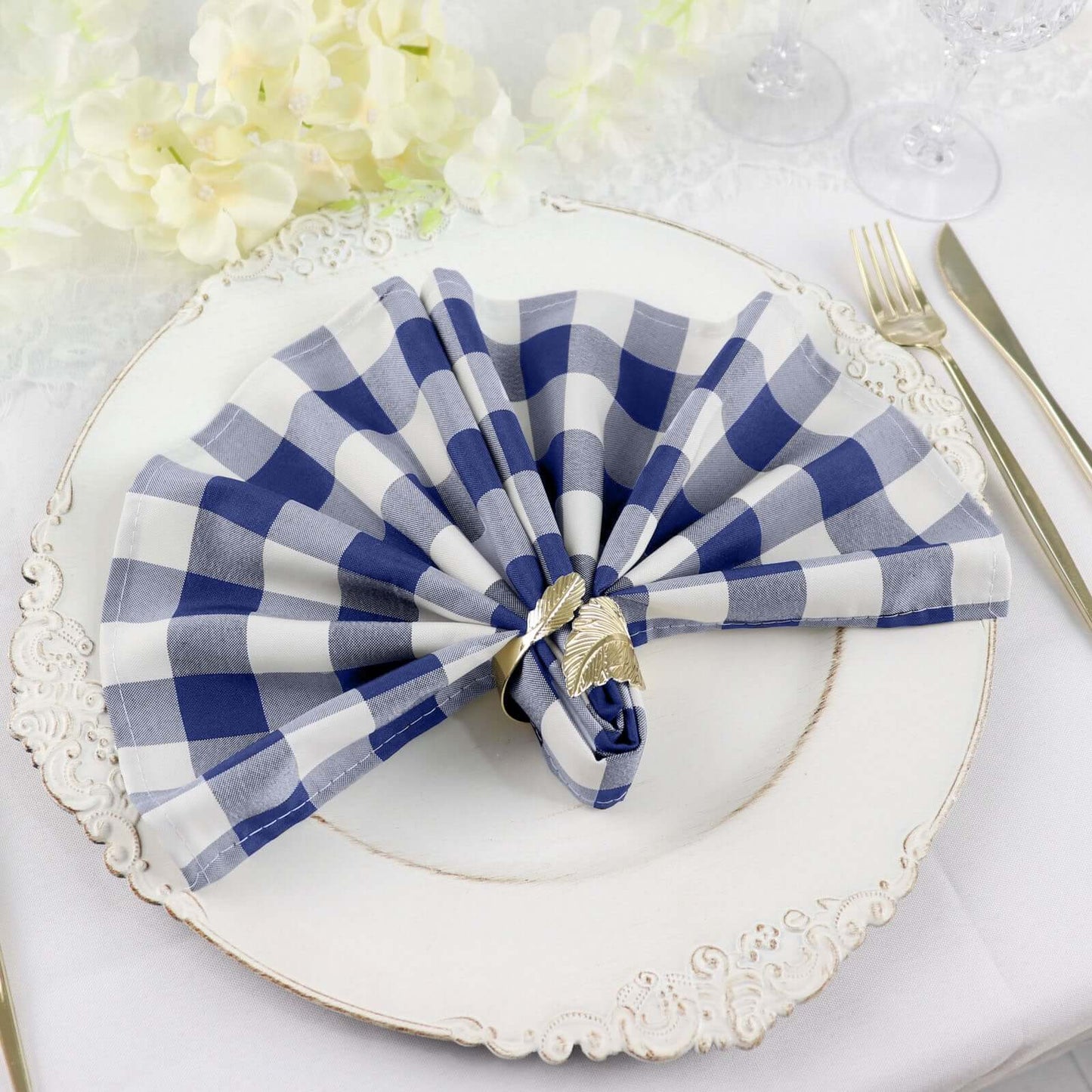 5 Pack Polyester 15"x15" Napkins Navy Blue/White Buffalo Plaid Gingham Style Cloth Napkins