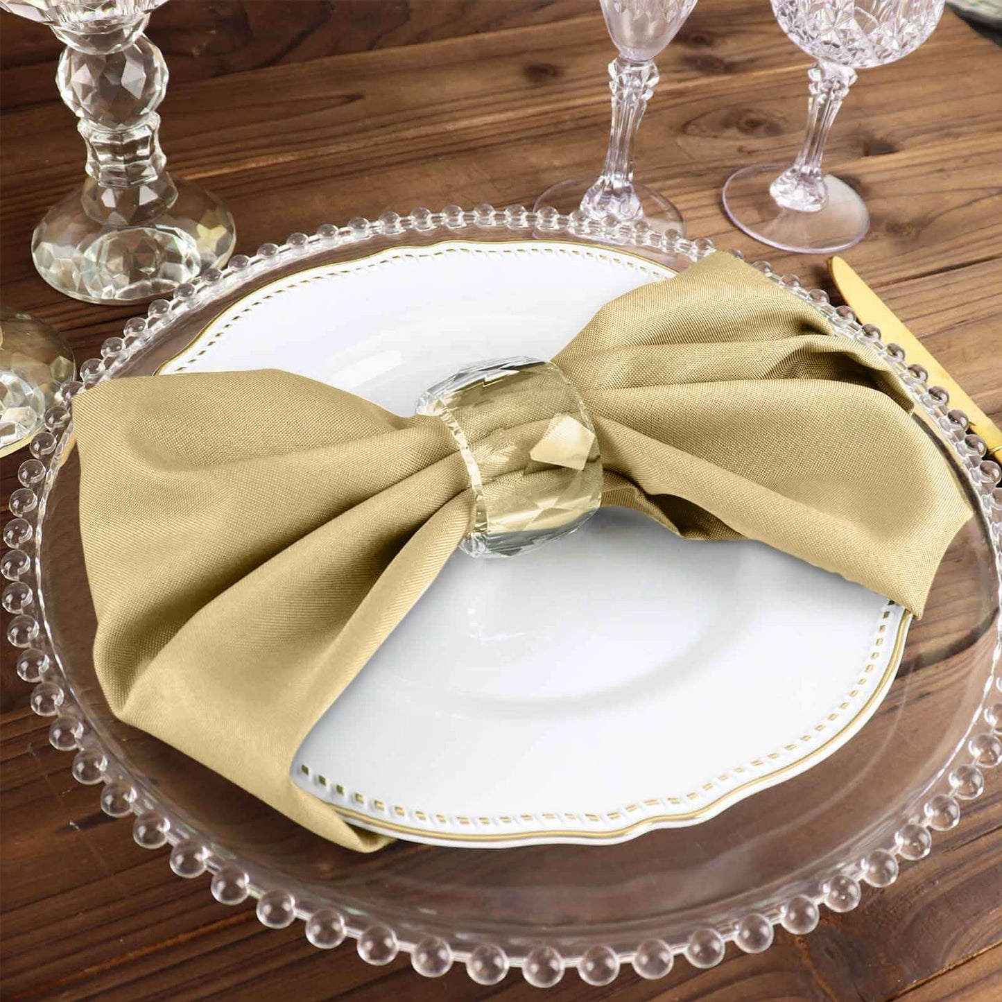 5 Pack Polyester 17"x17" Napkins Champagne - Durable & Wrinkle Resistant Dinner Napkins