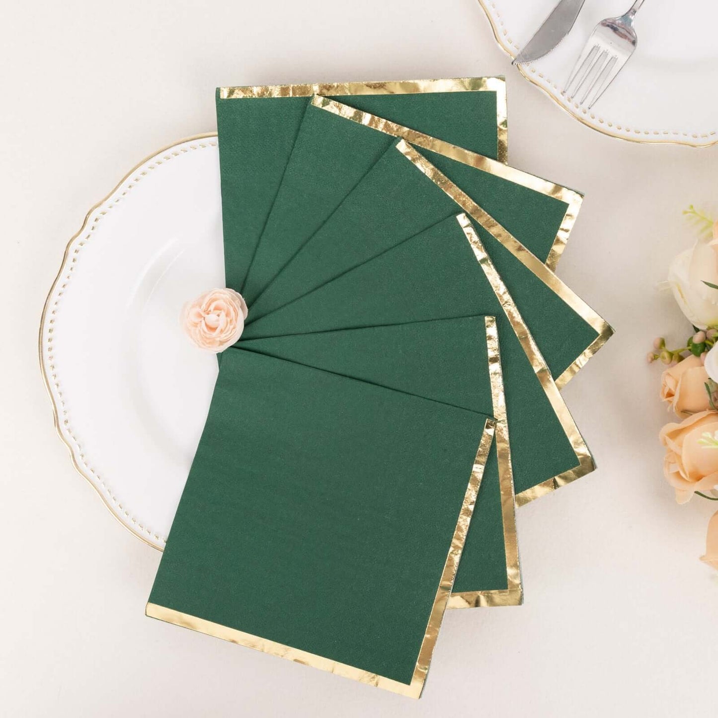 50-Pack Paper Beverage Napkins with Gold Foil Edge Hunter Emerald Green - Disposable 2 Ply Cocktail Napkins for Events 6.5"x6.5"