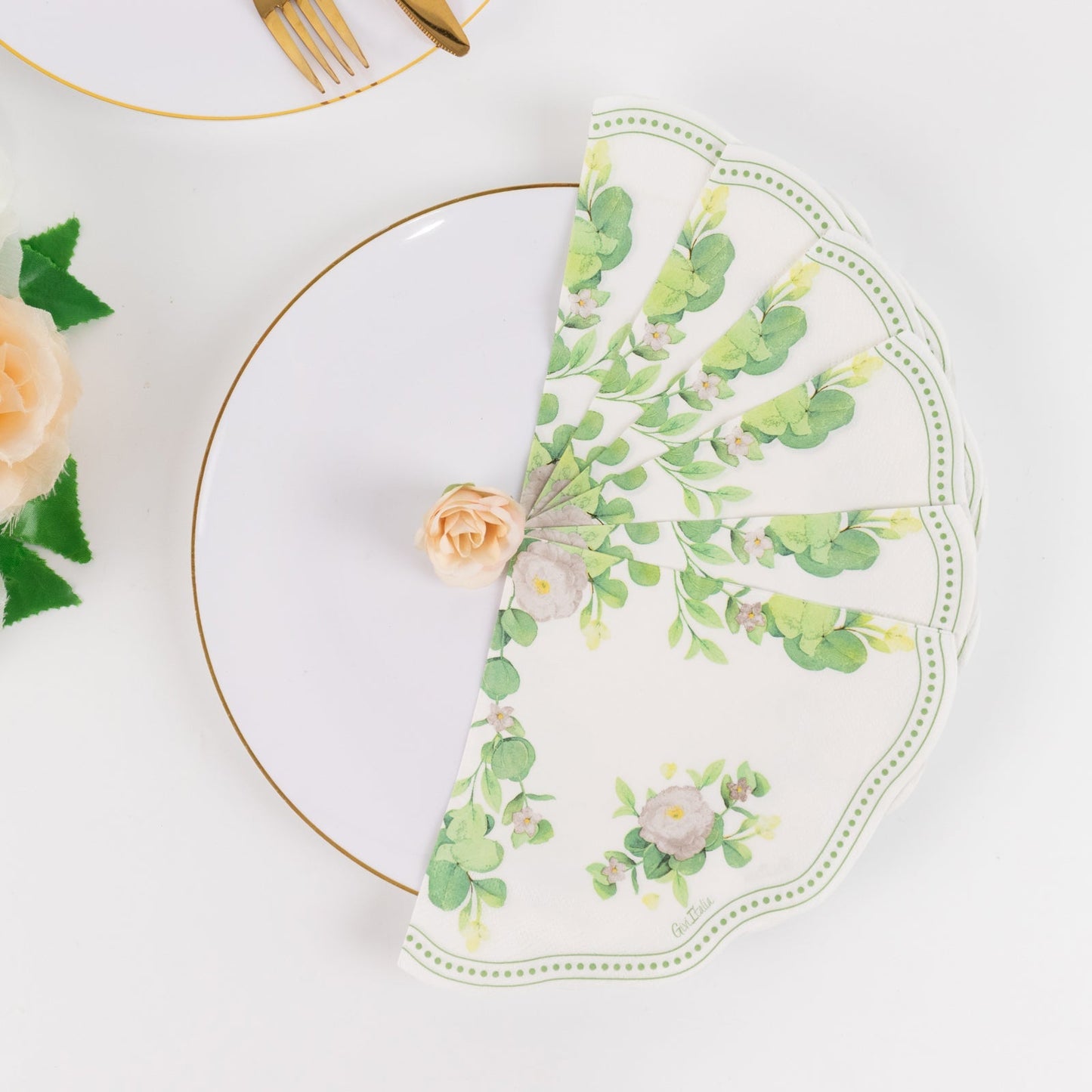 25-Pack Round Paper Cocktail Napkins with Floral Greenery and Scalloped Edge White - Disposable 2 Ply Beverage Napkins 6.25"x6.25"