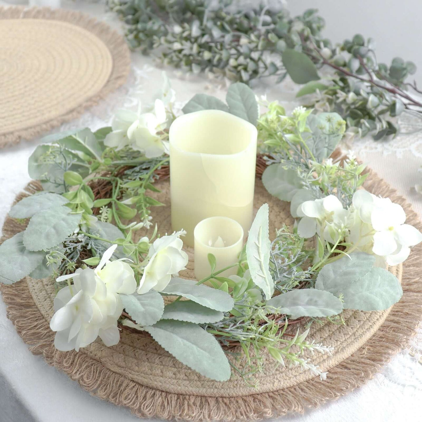 4-Pack Placemats Fringed Edge Design Natural Rustic Burlap Jute Round - Farmhouse Style Table Mats with Trim 15"