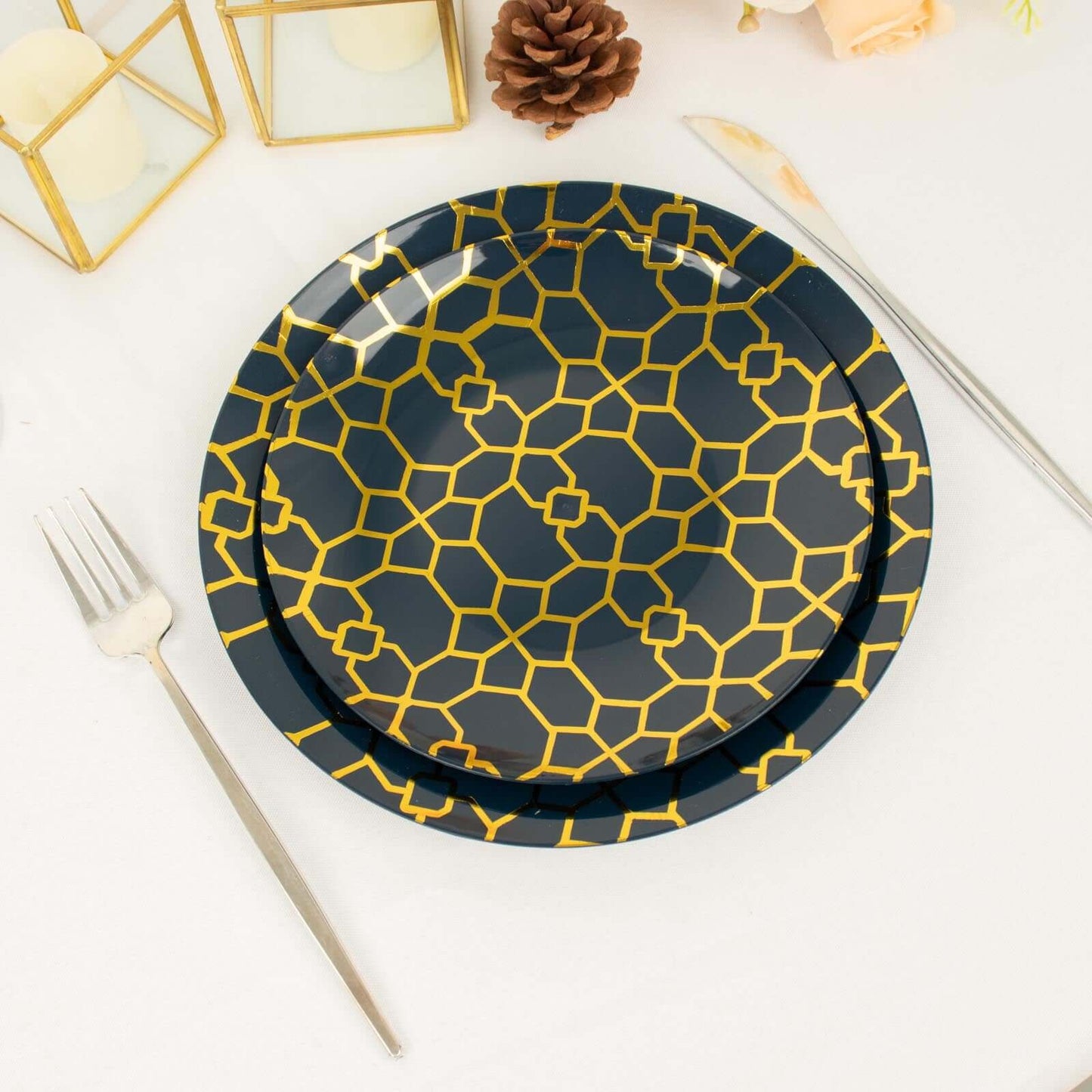 20-Pack Set Plastic Round Dinner and Salad Plates in Navy Blue with Geometric Gold Print - Modern Disposable Dinnerware Set for Weddings & Celebrations 9", 7"
