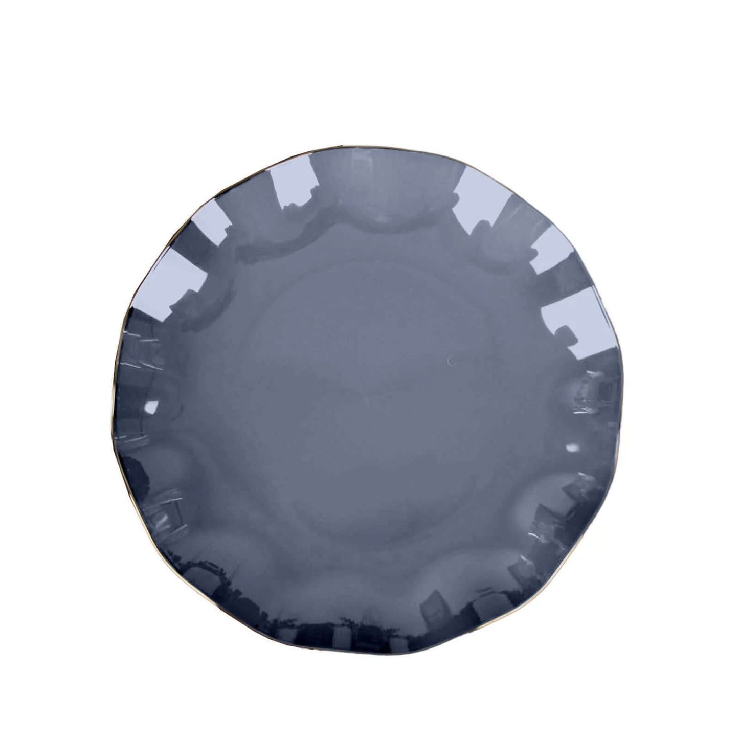10-Pack Plastic Round 6" Dessert Plates in Navy Blue Ruffled Rim with Gold Edging - Sturdy Disposable Salad Appetizer Dinnerware