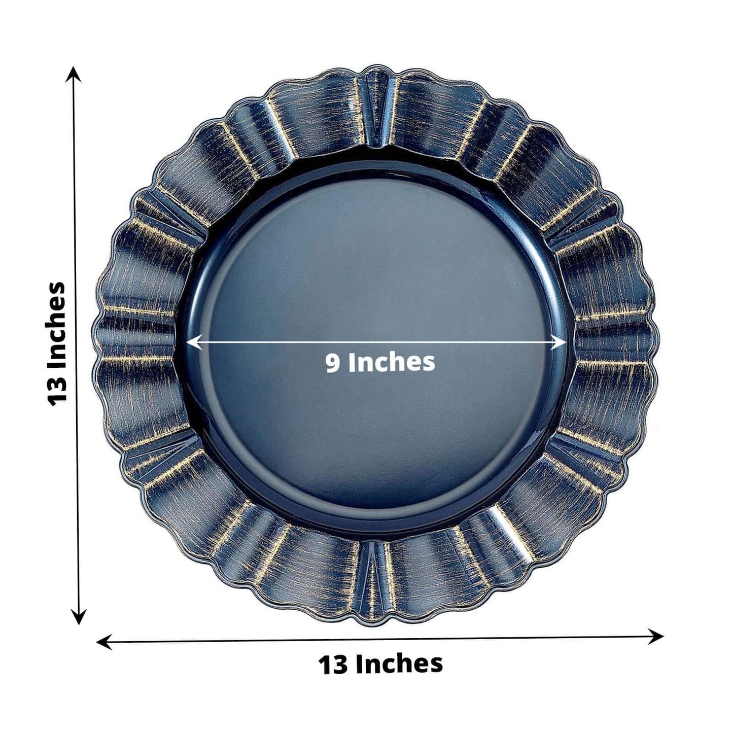 6-Pack Acrylic Plastic Round Charger Plates 13" in Navy Blue with Gold Brushed Wavy Scalloped Rim, Decorative Dinner Party Charger Tableware