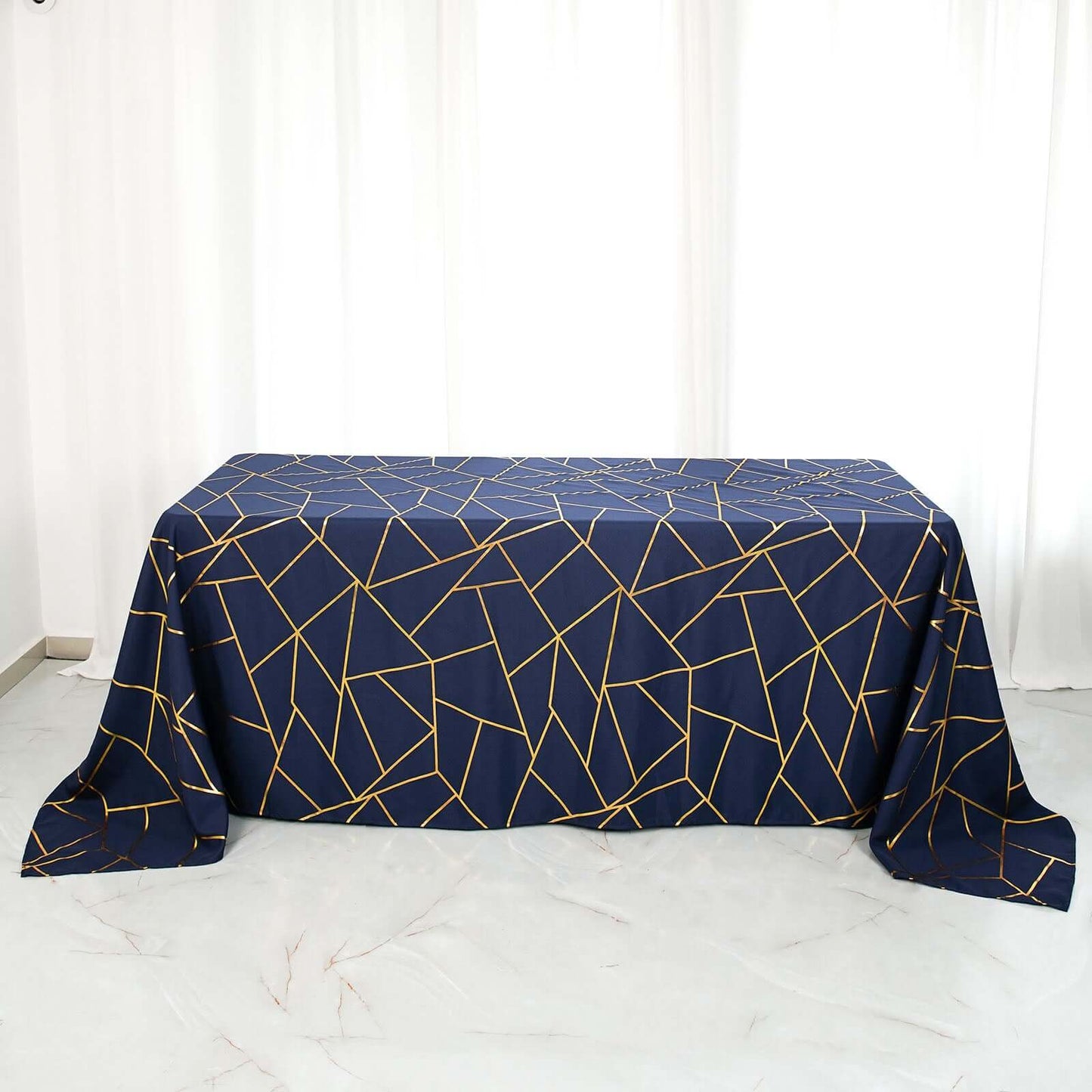 Polyester 90"x132" Rectangle Tablecloth Navy Blue with Gold Foil Geometric Pattern - Wrinkle-Resistant Seamless Table Cover