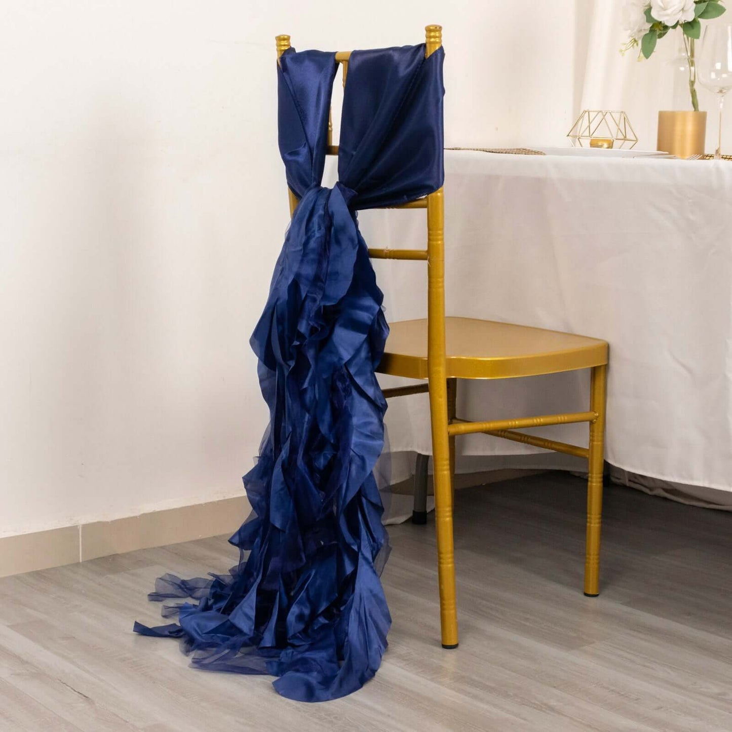 5 Pack Chiffon Satin Chair Sashes Navy Blue - Easy to Install Ruffled Curly Willow