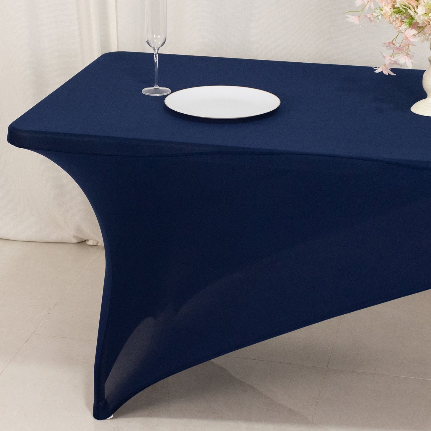 Stretch Spandex 72"x30" Rectangle Table Cover Navy Blue/Gold Cross Over Design - Two-Piece Fitted Tablecloth with Elastic Foot Pockets