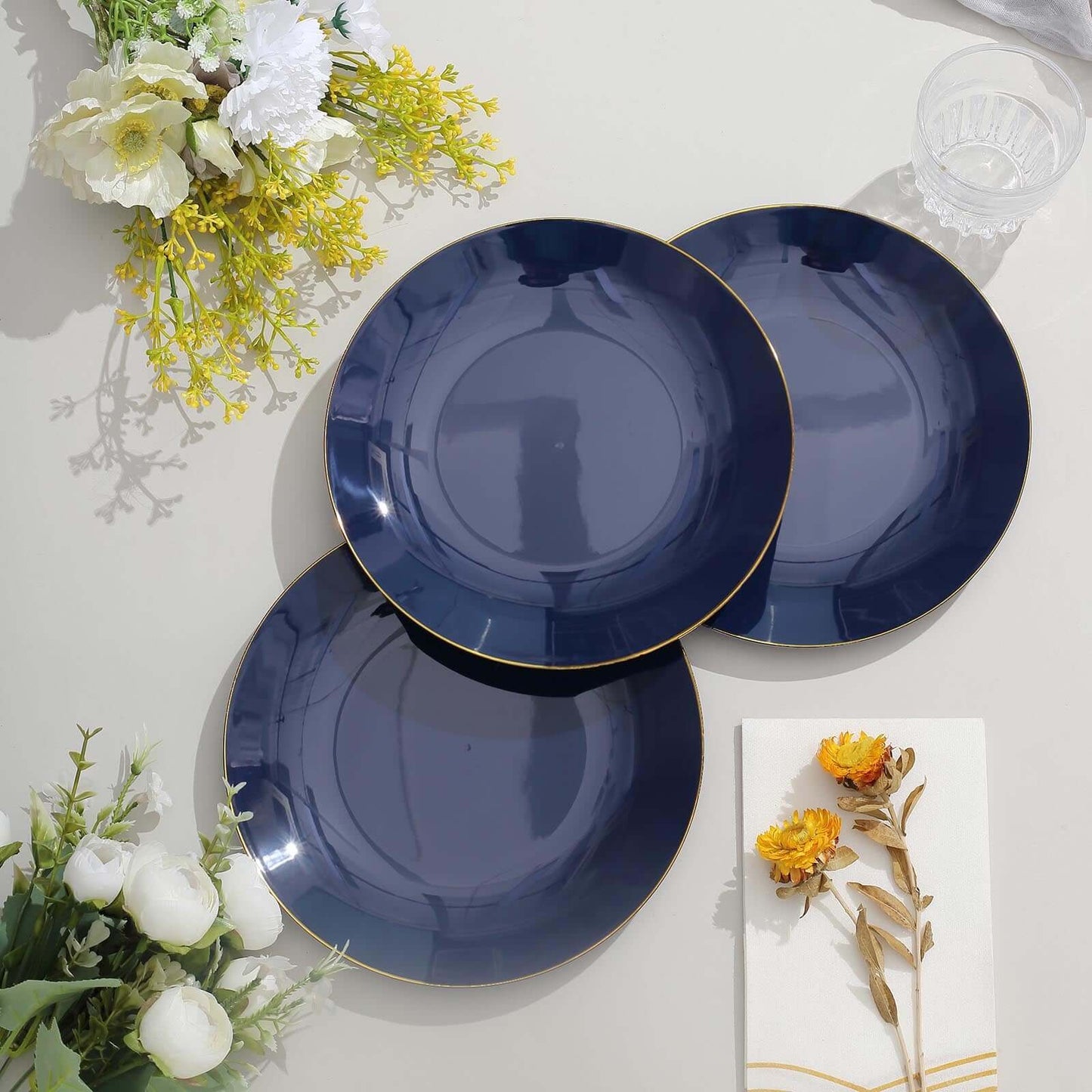 10-Pack Plastic 8" Round Dessert Plates in Navy Blue with Gold Rim - Glossy Disposable Appetizer Salad Plates