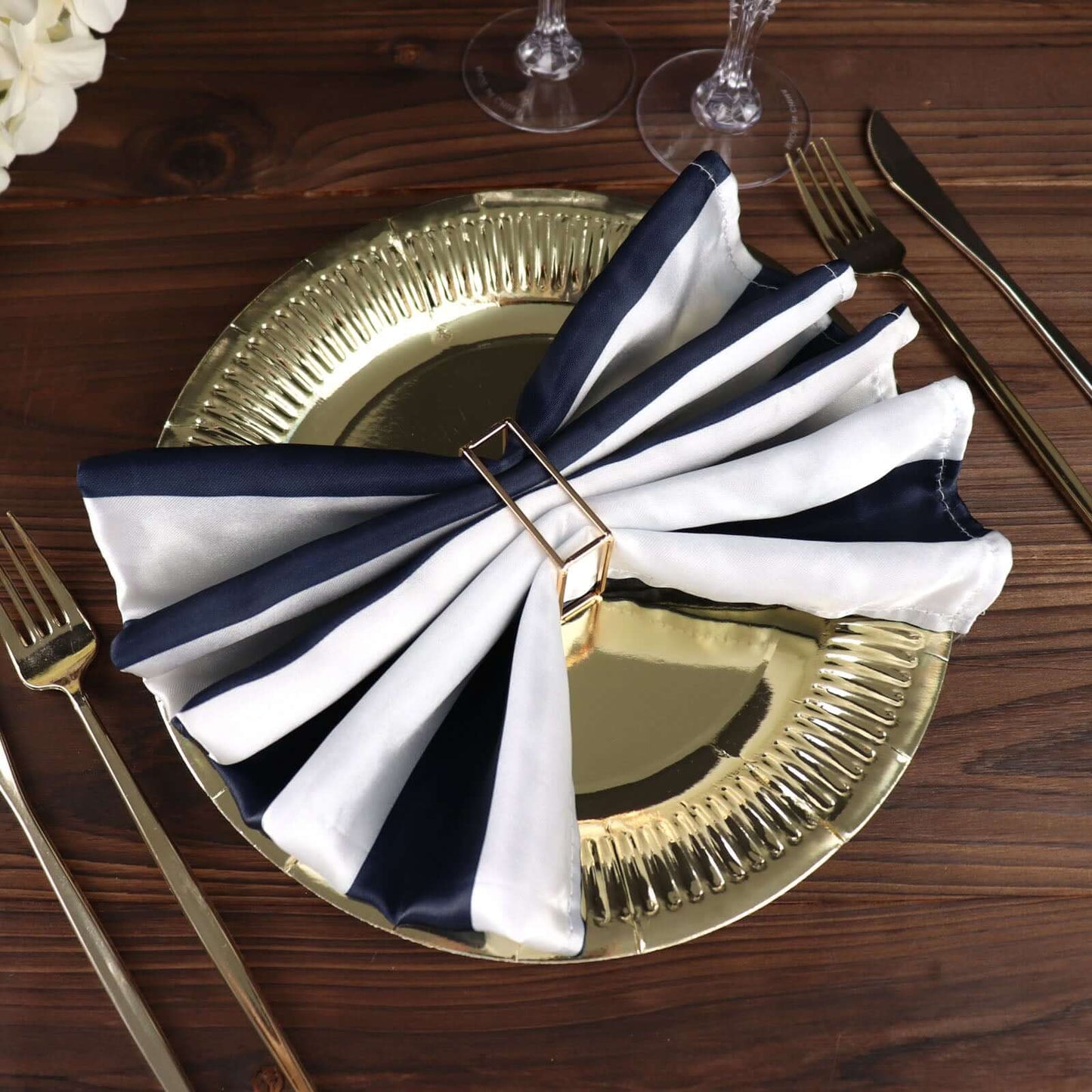 5 Pack Satin 20"x20" Napkins Navy Blue/White - Striped Reusable Dinner Napkins