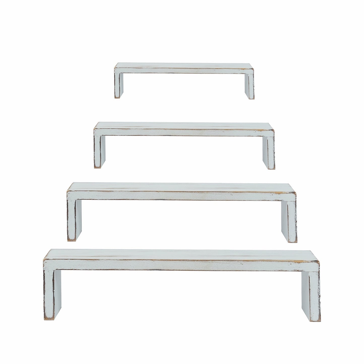 Set of 4 Wooden Display Risers Whitewash Rectangular Bench Style - Stackable Rustic Farmhouse Nesting Stands 14", 16", 17", 19"