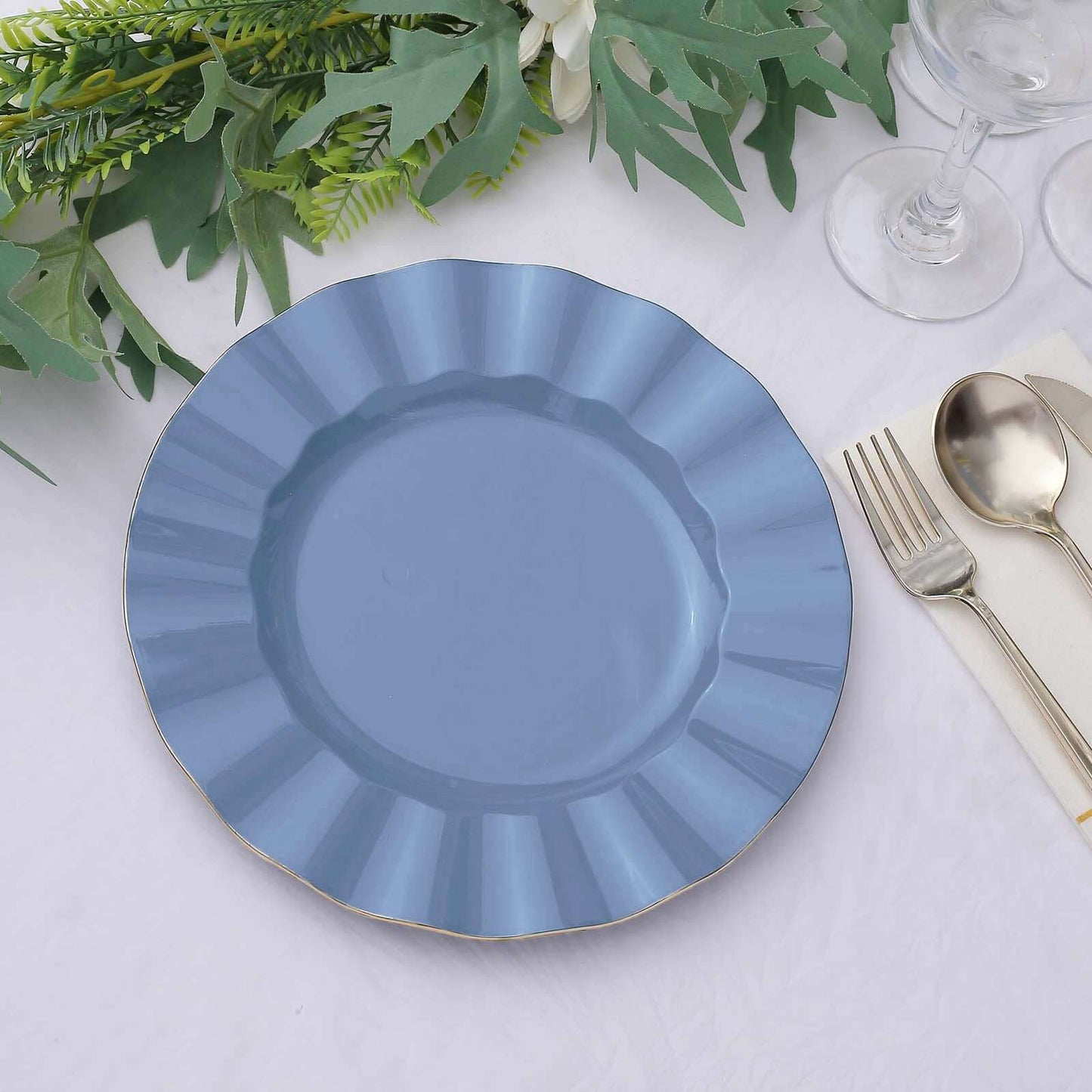 10-Pack Plastic 9" Round Dinner Plates in Ocean Blue Ruffled Rim with Gold Edging - Sturdy Disposable Dinnerware