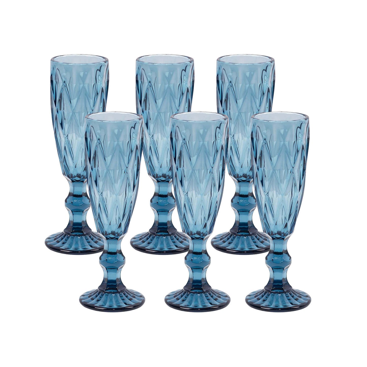 6-Pack Champagne Flute Glasses Transparent Ocean Blue Textured Crystal Cut Design - Chic Wine Goblets for Parties & Events 6oz 8"