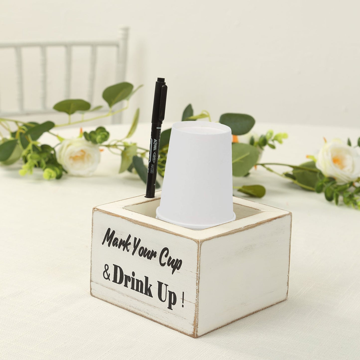Rustic Wooden Solo Cup Holder Whitewashed with Black Marker - Farmhouse Party Dispenser Box 5.5"