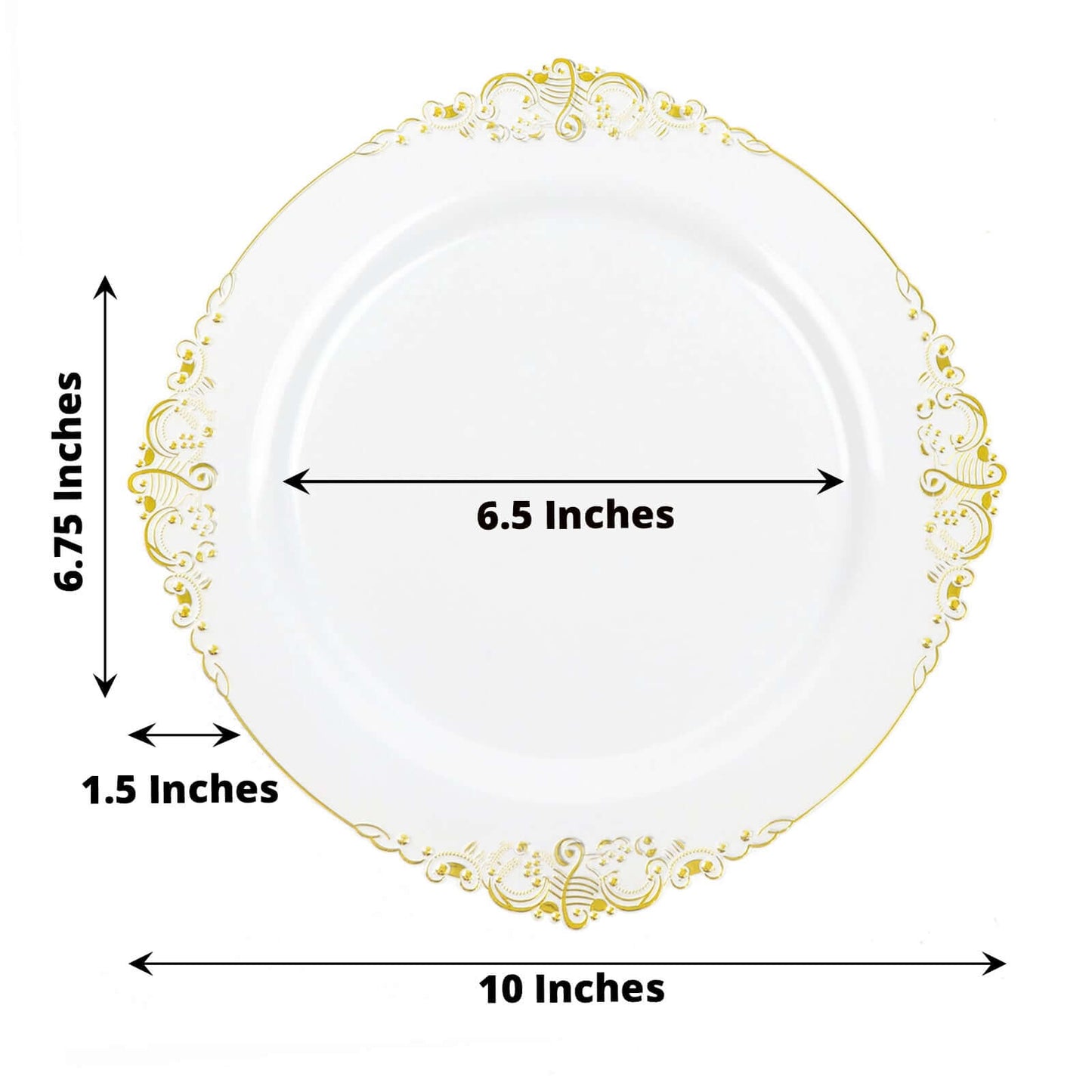 10-Pack Plastic 10" Round Dinner Plates in White with Gold Leaf Embossed Rim - Disposable Vintage Baroque Style Plates for Luxurious Gatherings & Events
