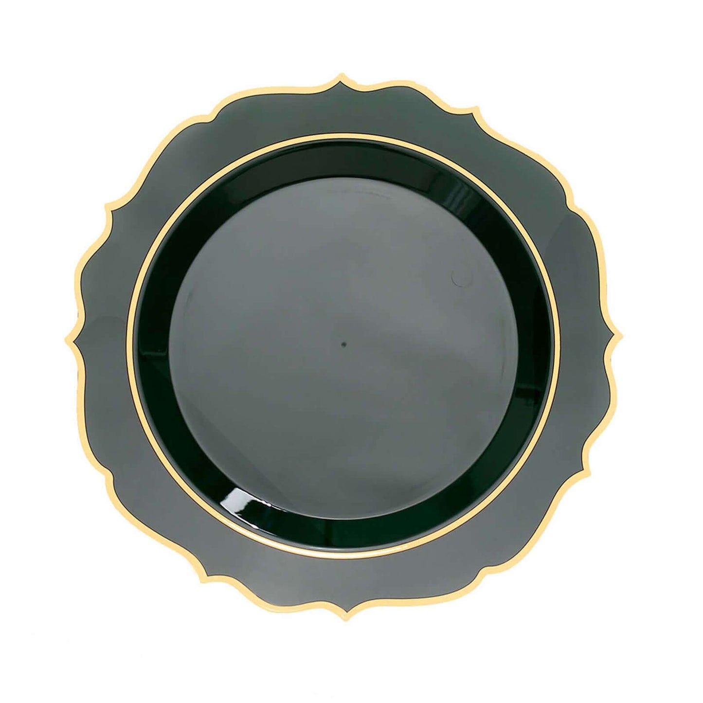 10-Pack Plastic 8" Round Dessert Plates in Hunter Emerald Green with Gold Scalloped Rim - Disposable Appetizer/Salad Plates