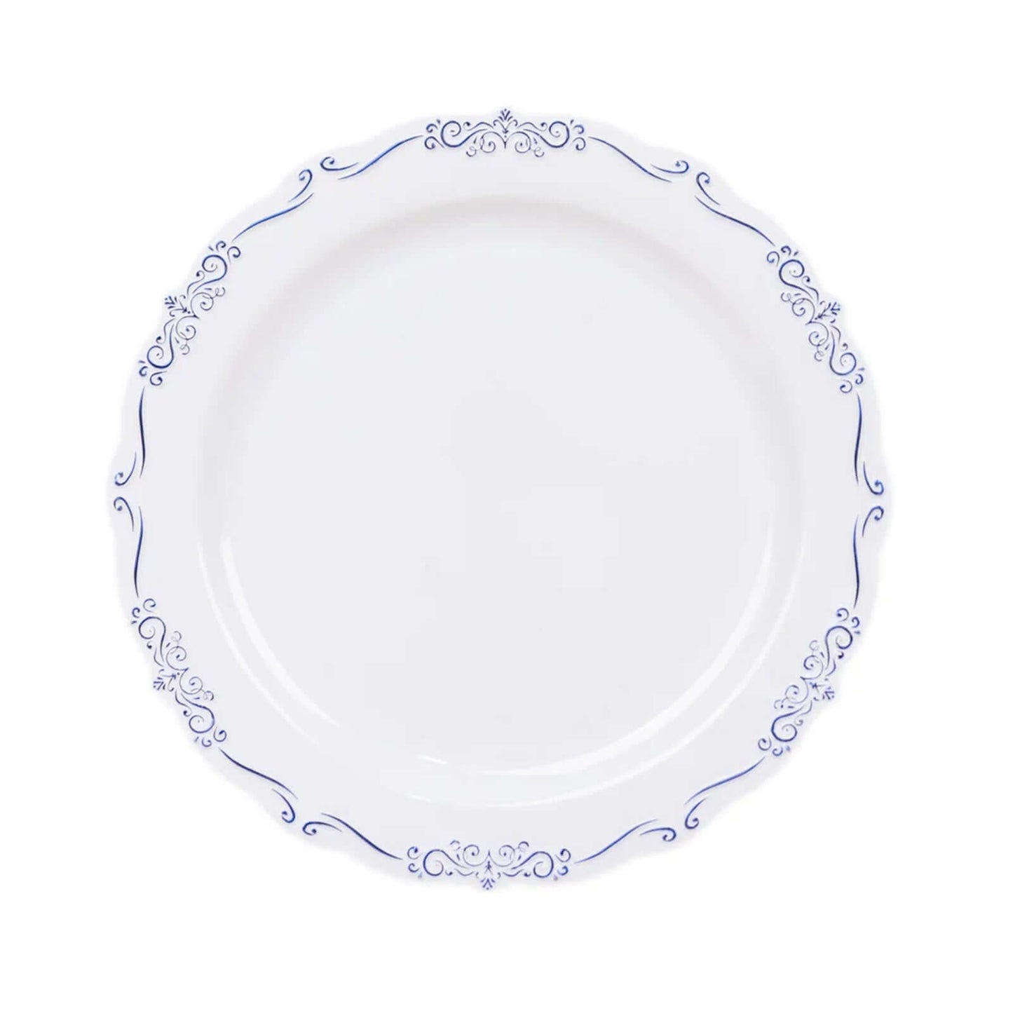 10-Pack Plastic 10" Round Dinner Plates in White with Blue Vintage Embossed Rim - Sturdy Disposable Scalloped Edge Party Plates