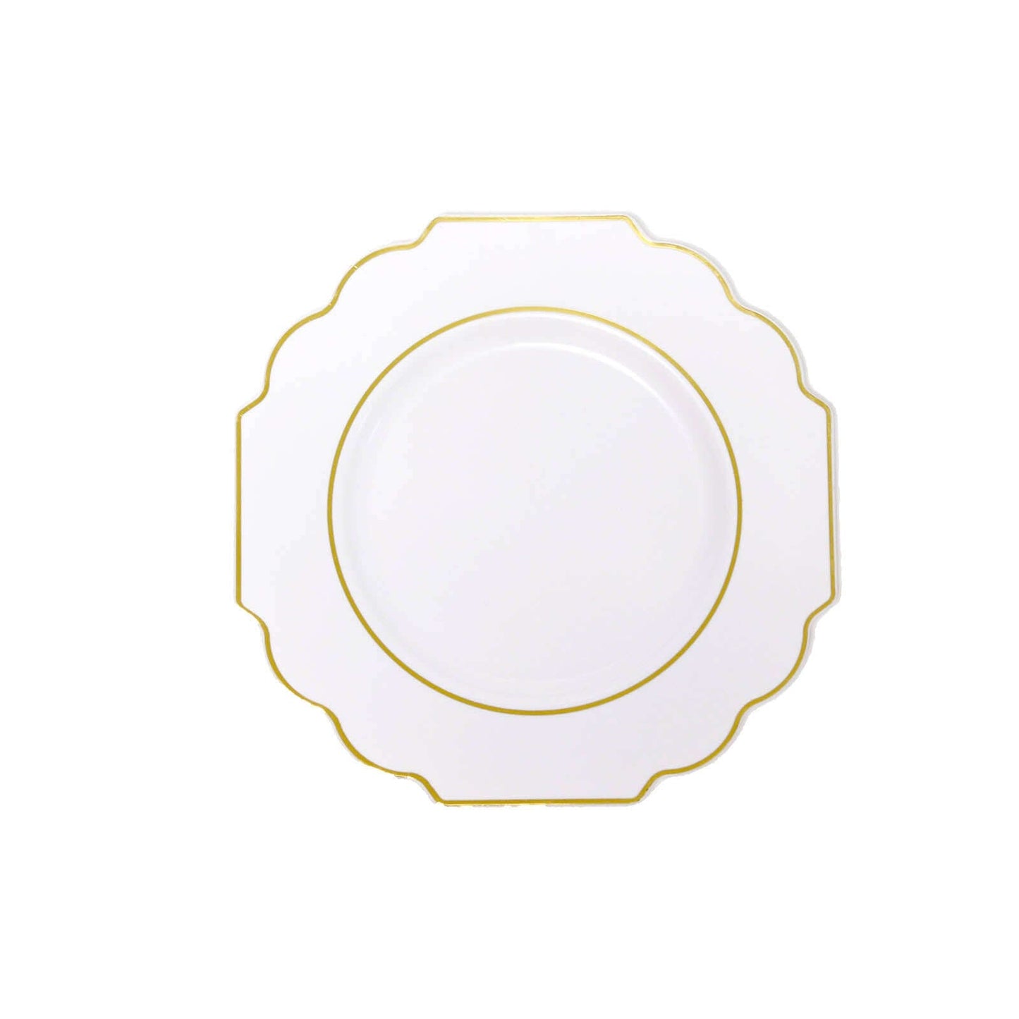 10-Pack Plastic Dessert Appetizer Plates in White Baroque Design with Scalloped Gold Rim - Heavy Duty Disposable Salad Plates for Formal Events & Banquets 8"