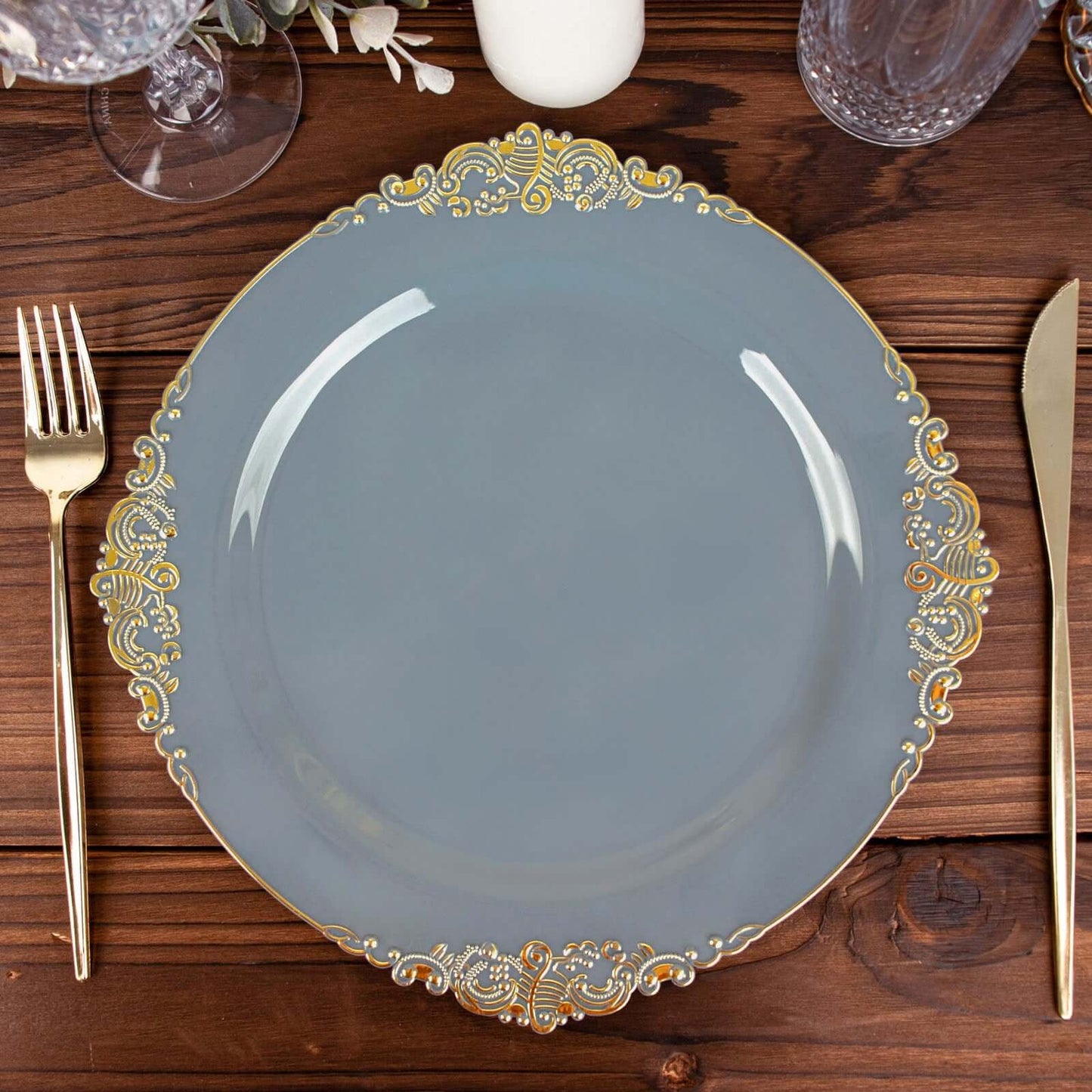 10-Pack Plastic 10" Round Dinner Plates in Dusty Blue with Gold Leaf Embossed Rim - Disposable Vintage Baroque Style Plates
