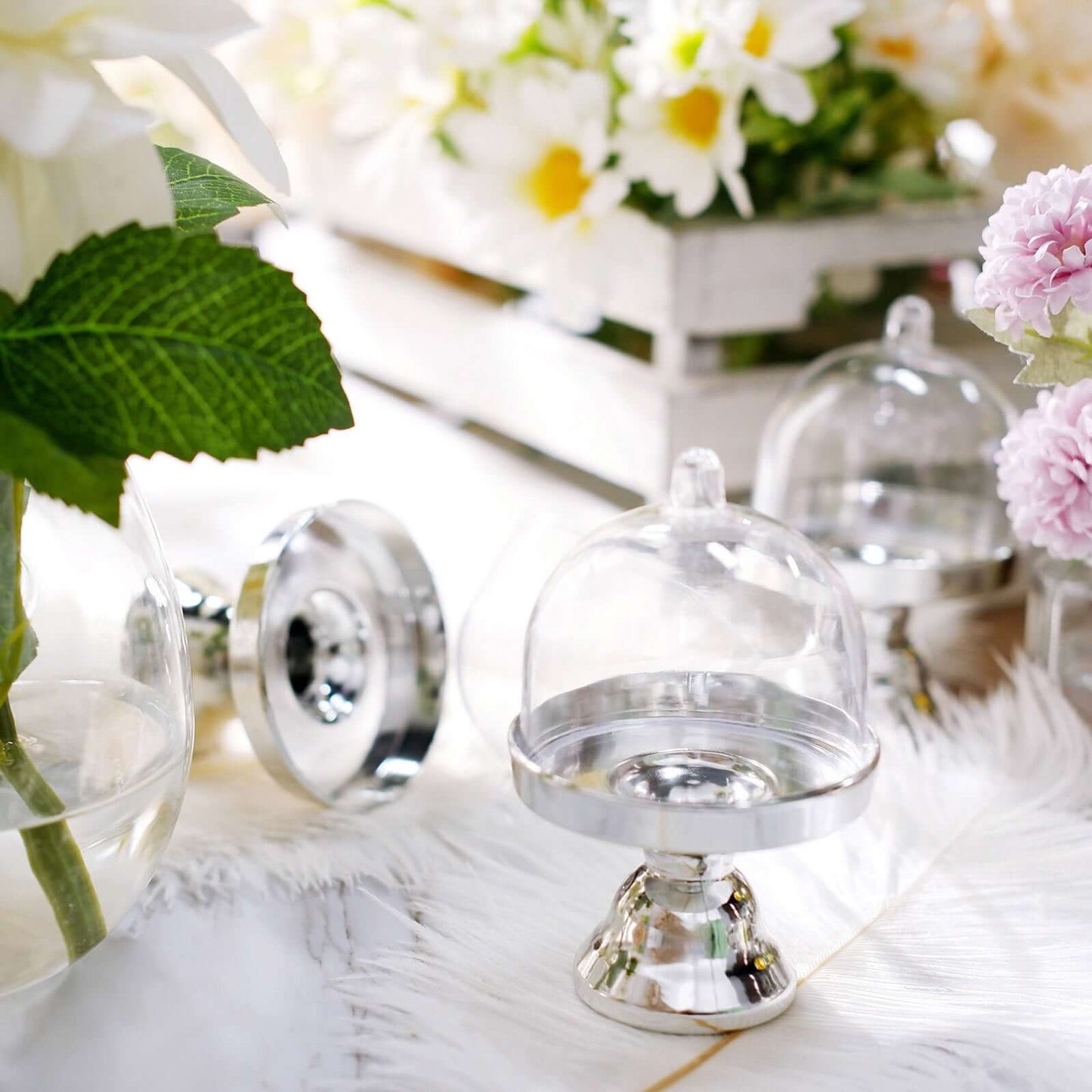 12-Pack Fillable Mini Pedestal Candy Container Clear/Silver - Decorative Candy Treat Favor Boxes with Dome Lid 4"