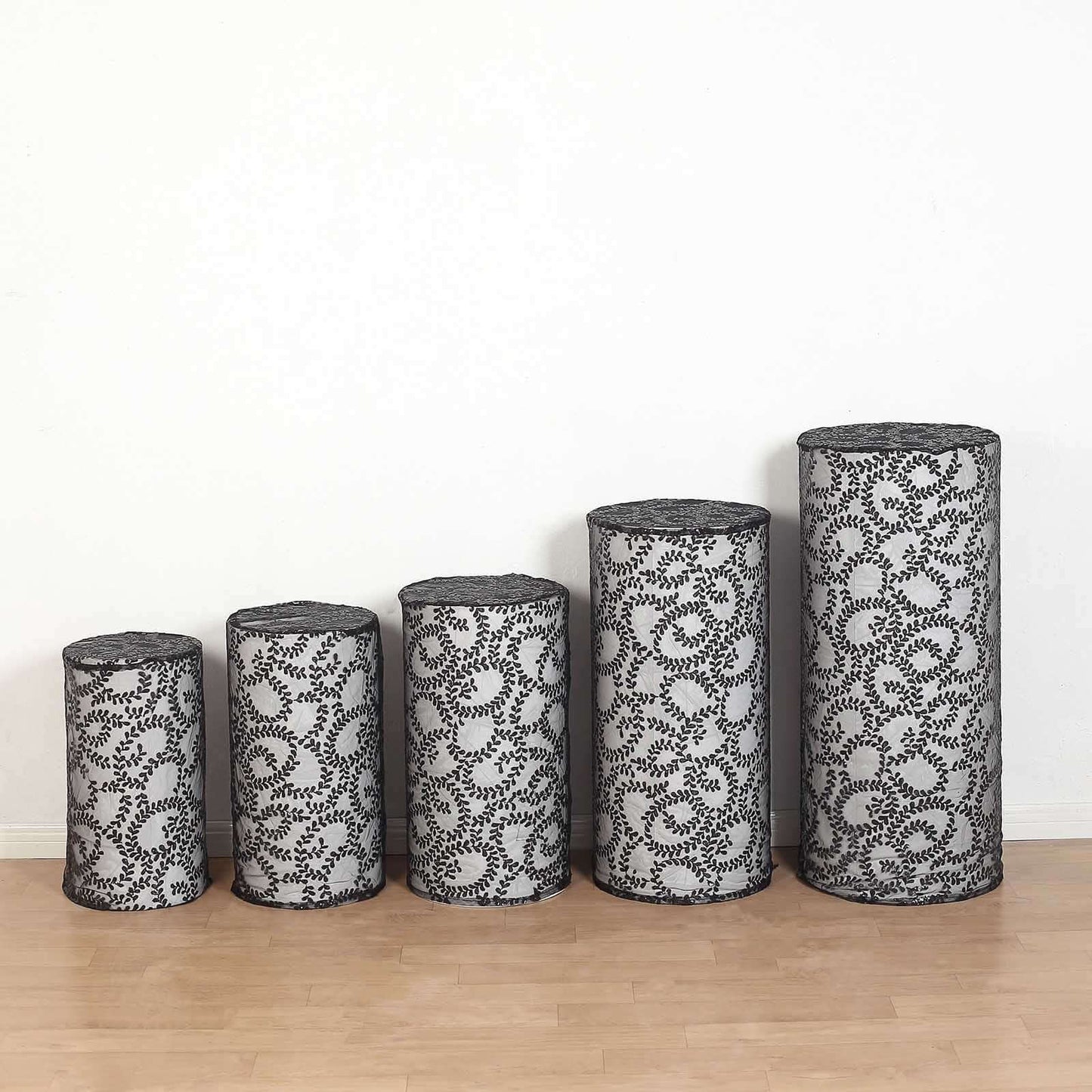 Set of 5 Black Sequin Mesh Cylinder Pedestal Stand Covers with Leaf Vine Embroidery, Sparkly Sheer Tulle Pillar Prop Covers