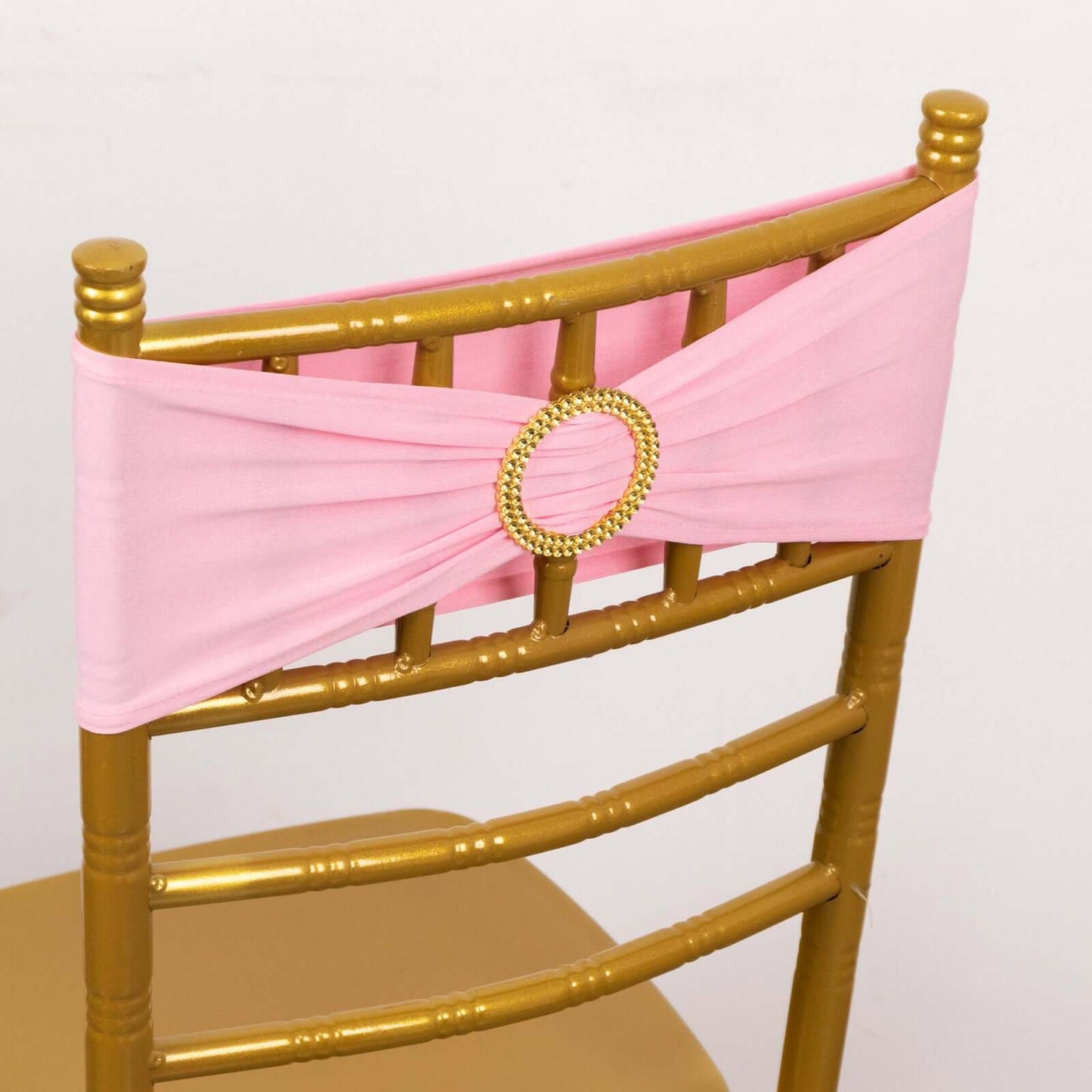 5 Pack Spandex Chair Sashes Pink with Gold Rhinestone Buckles - Reusable Four-Way Stretch Sash Bands 5"x14"
