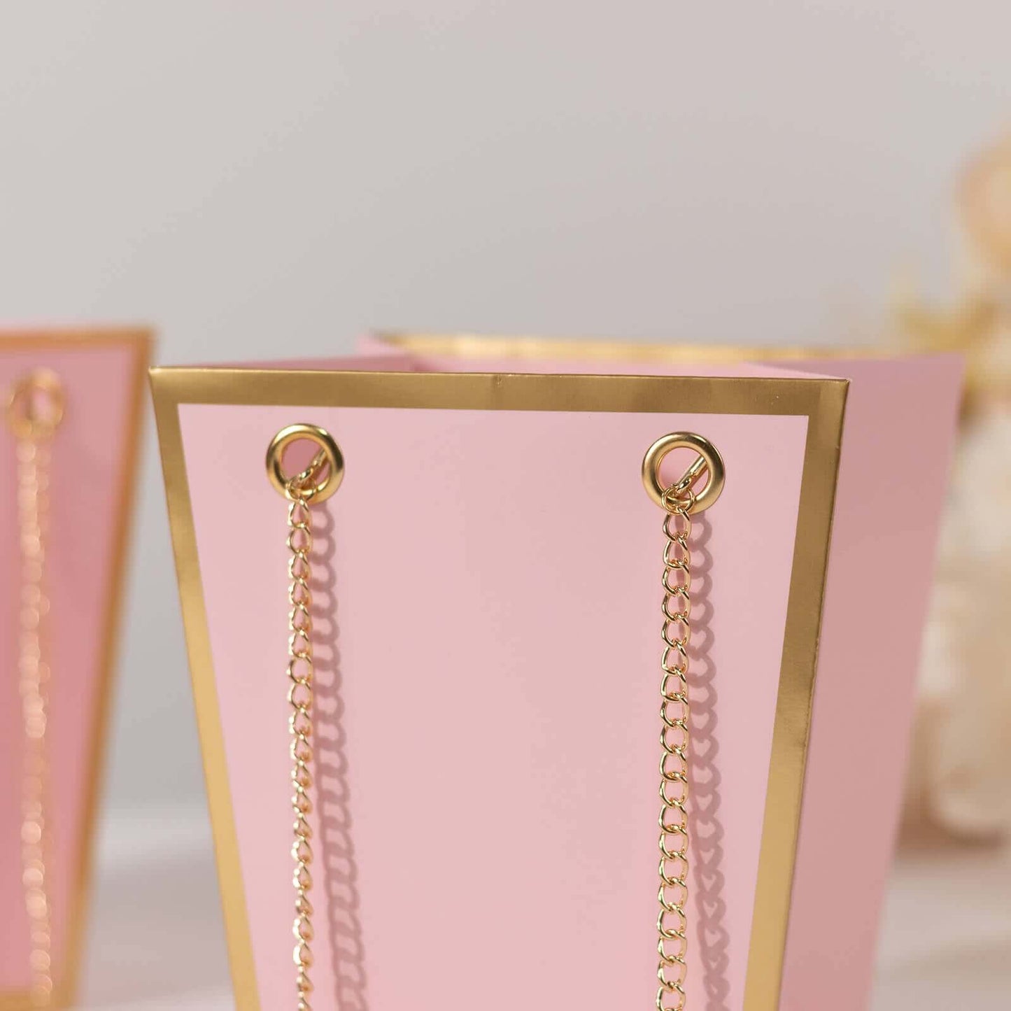 6 Pack Pink Gold Edge Paper Flower Gift Bags With Metal Chain Handles, Trapezoid Party Favor Tote Bags - 5"x6"