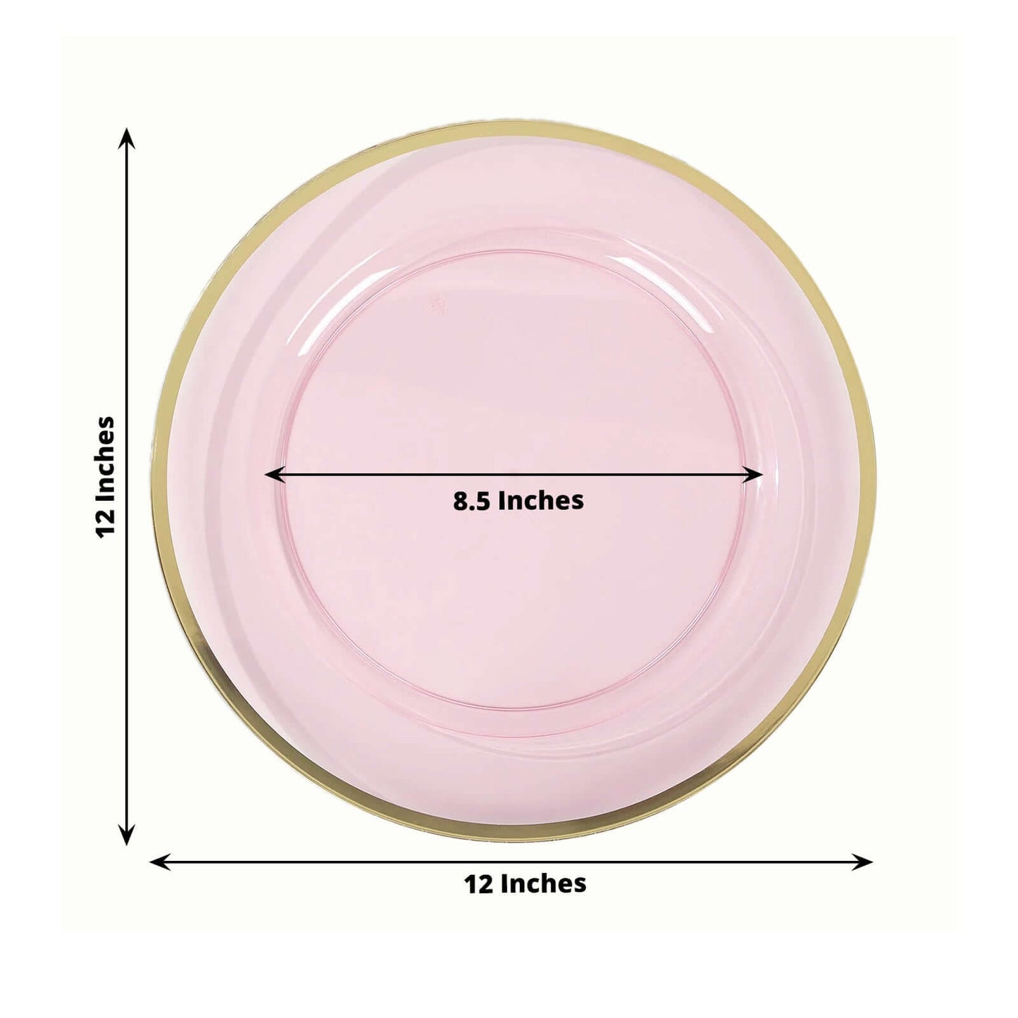 10-Pack Economy Plastic Round Charger Plates 12" in Transparent Blush with Wide Gold Rim, Decorative Dinner Party Serving Plates