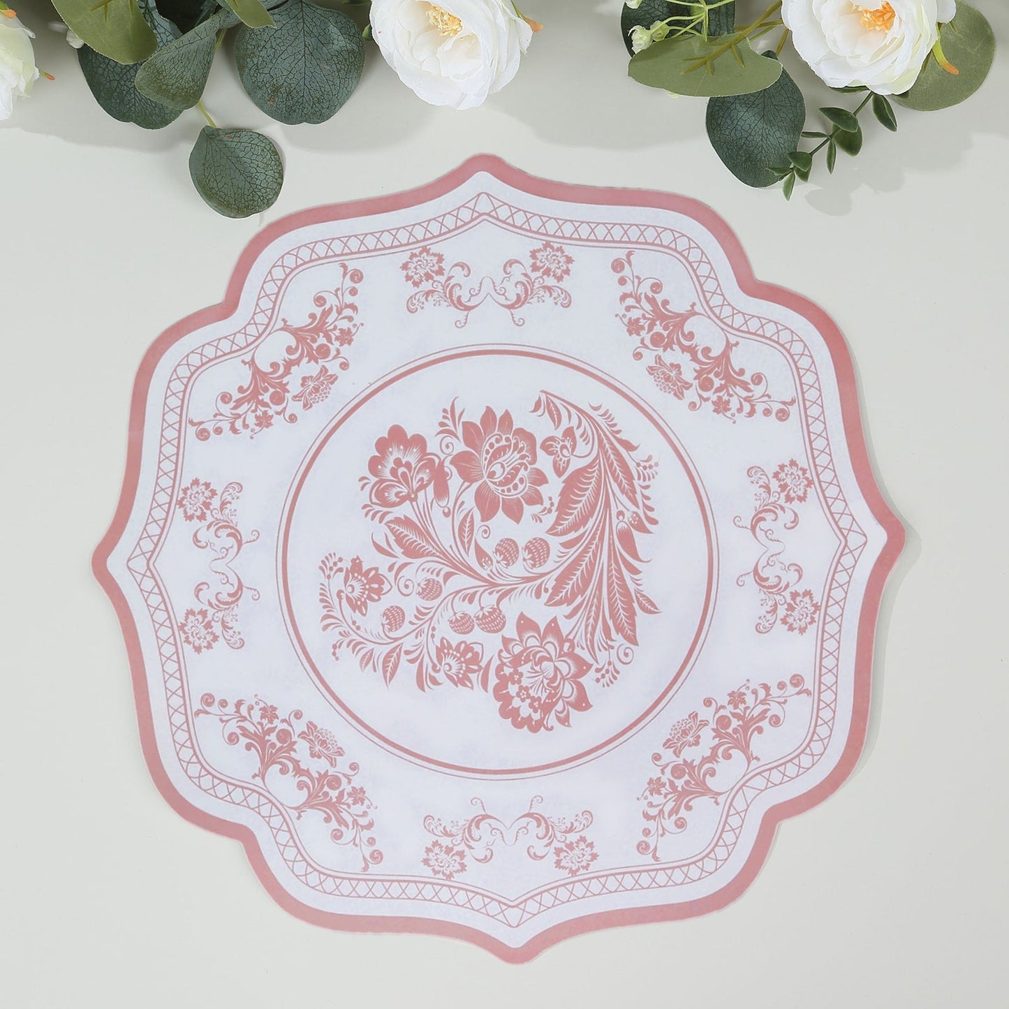 10-Pack Disposable Table Placemats 13" Round Placemats in White with Pink Damask Floral Pattern & Scalloped Rim - 400GSM Cardboard Placemats for Stylish Table Setting