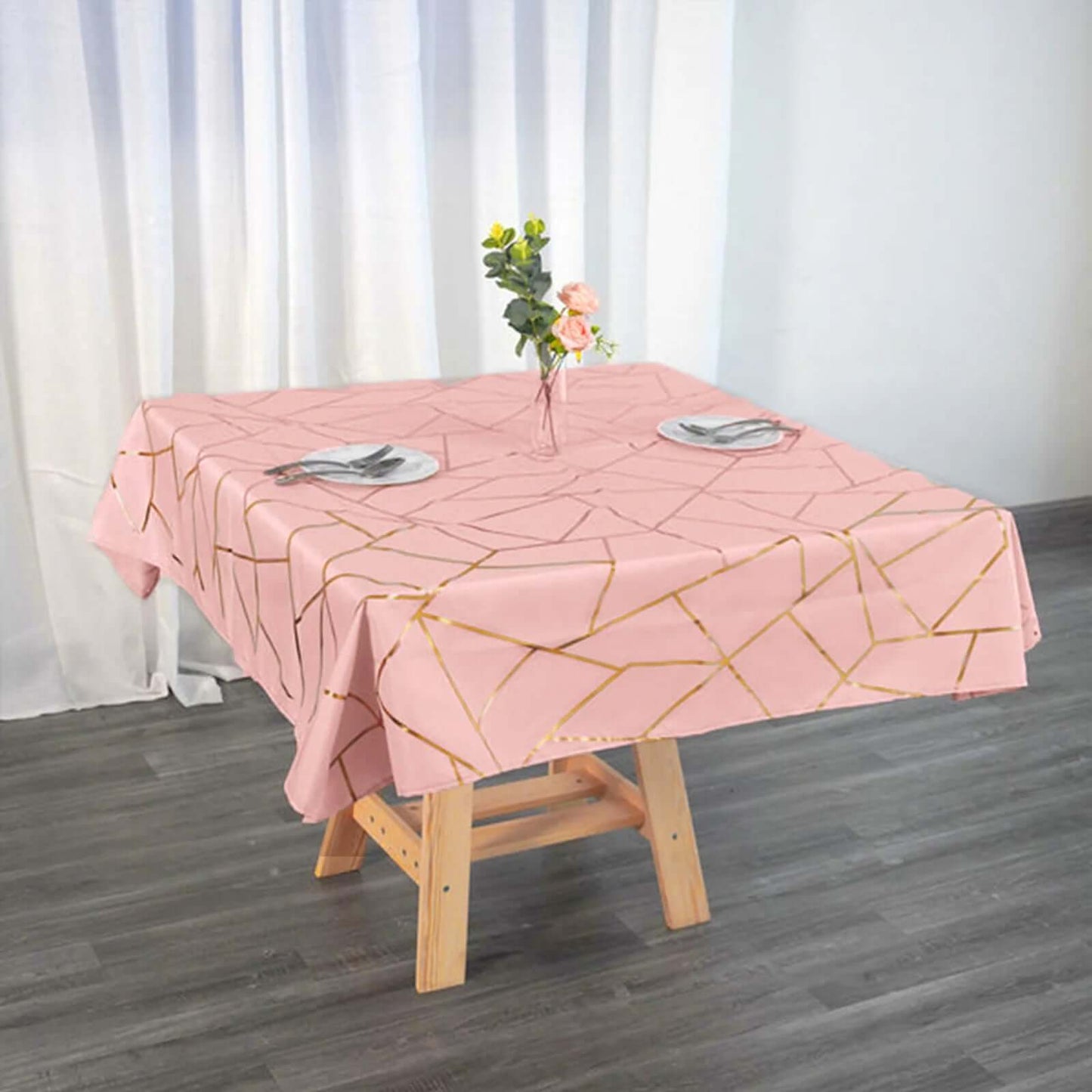 Polyester 54"x54" Square Tablecloth Dusty Rose with Gold Foil Geometric Pattern - Wrinkle-Resistant & Durable Table Cover