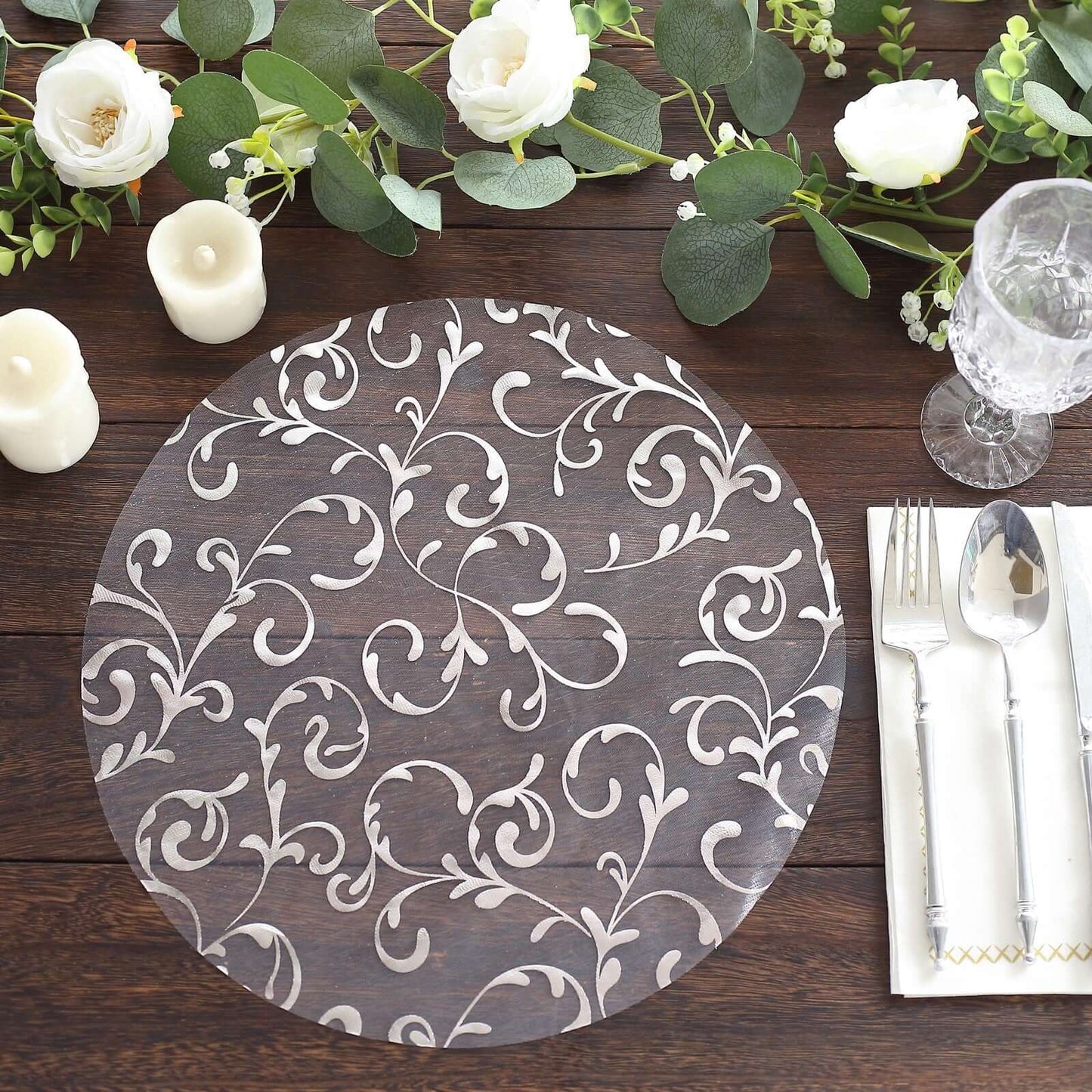 10-Pack Table Placemats Embossed Foil Flower Design Metallic Silver Round - Sheer Organza Disposable Mats 13"