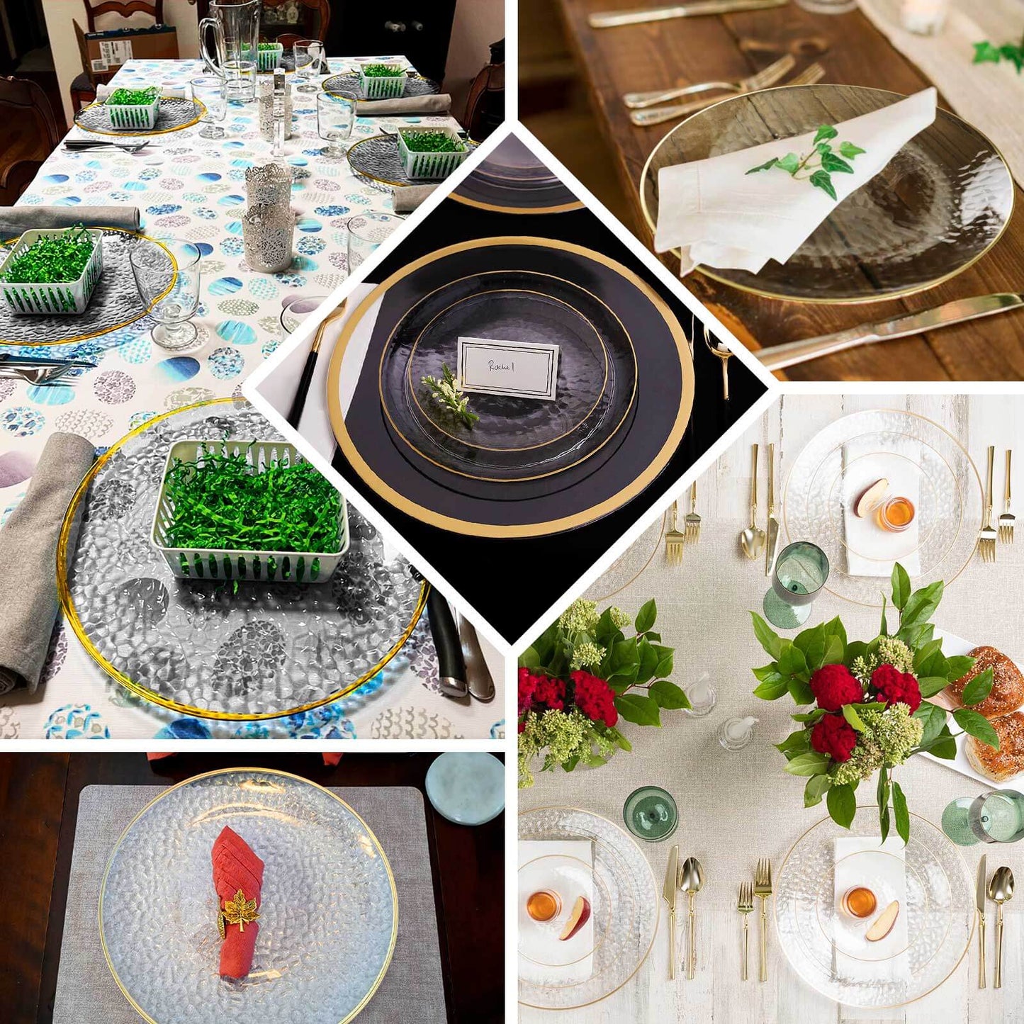 10 Pack Economy Plastic Round Charger Plates 13" in Transparent Dusty Blue Hammered Design with Gold Rim, Decorative Dinner Party Serving Plates