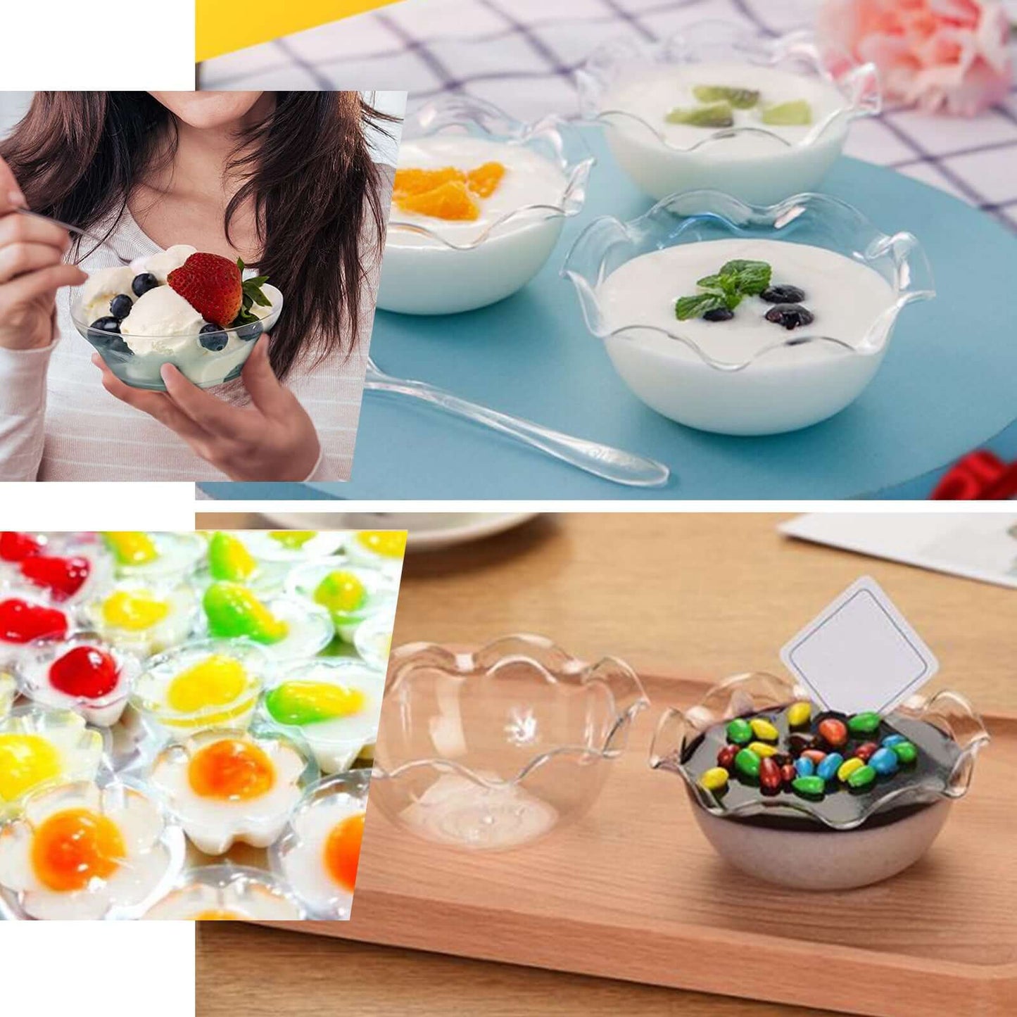 12-Pack Dessert Bowls Blossom Design Clear - Plastic Disposable Bowls for Ice Cream and Candy 3oz