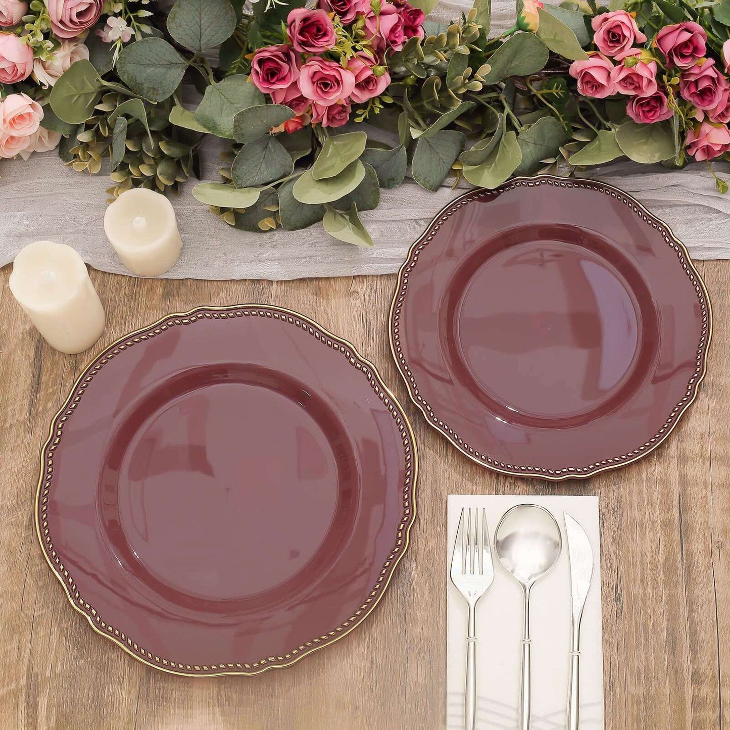 10-Pack Plastic 10" Dinner Plates in Cinnamon Rose with Gold Scalloped Rim - Disposable Large Party Plates